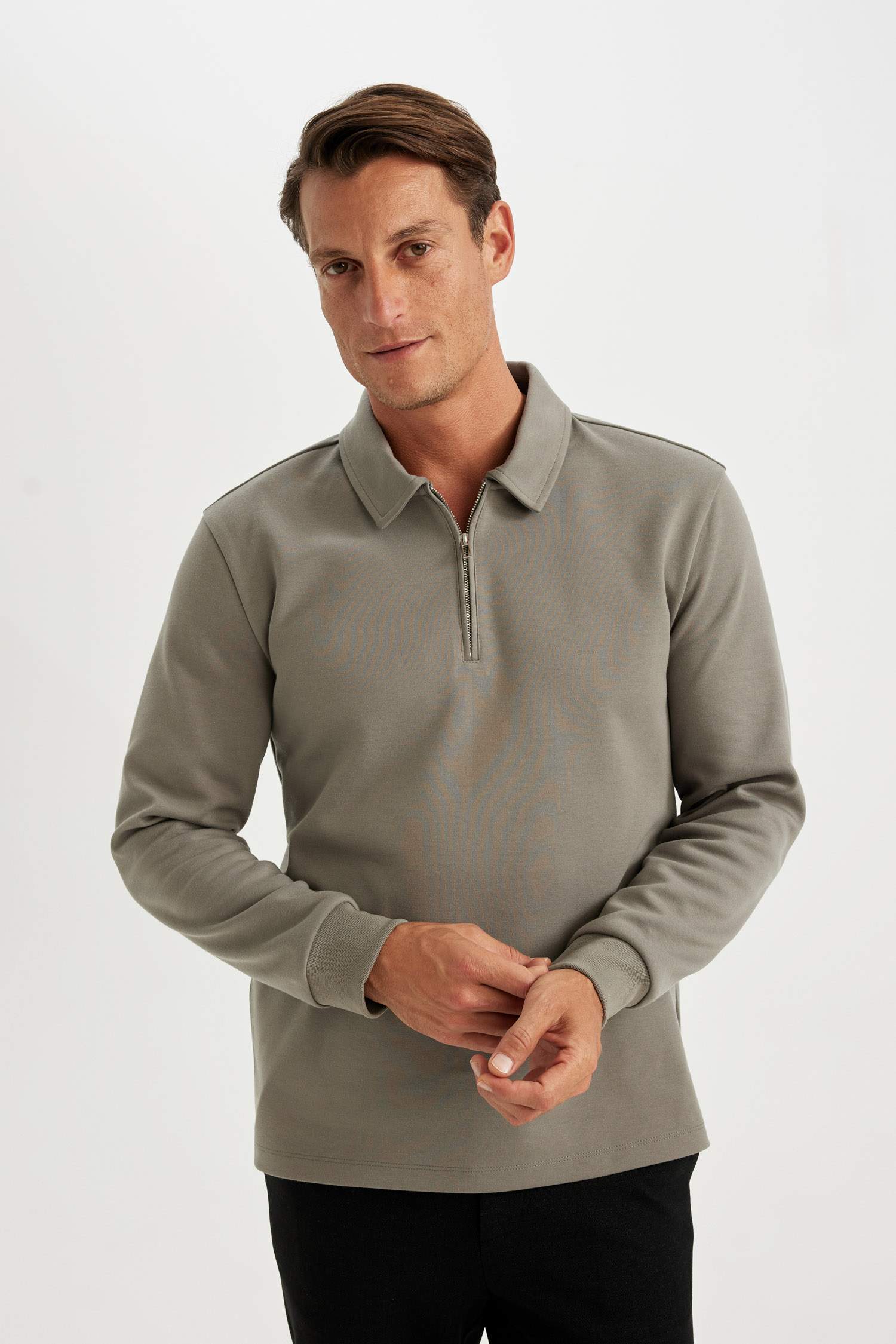 Regular Fit Polo Yaka Yarım Fermuarlı Basic Düz Sweatshirt