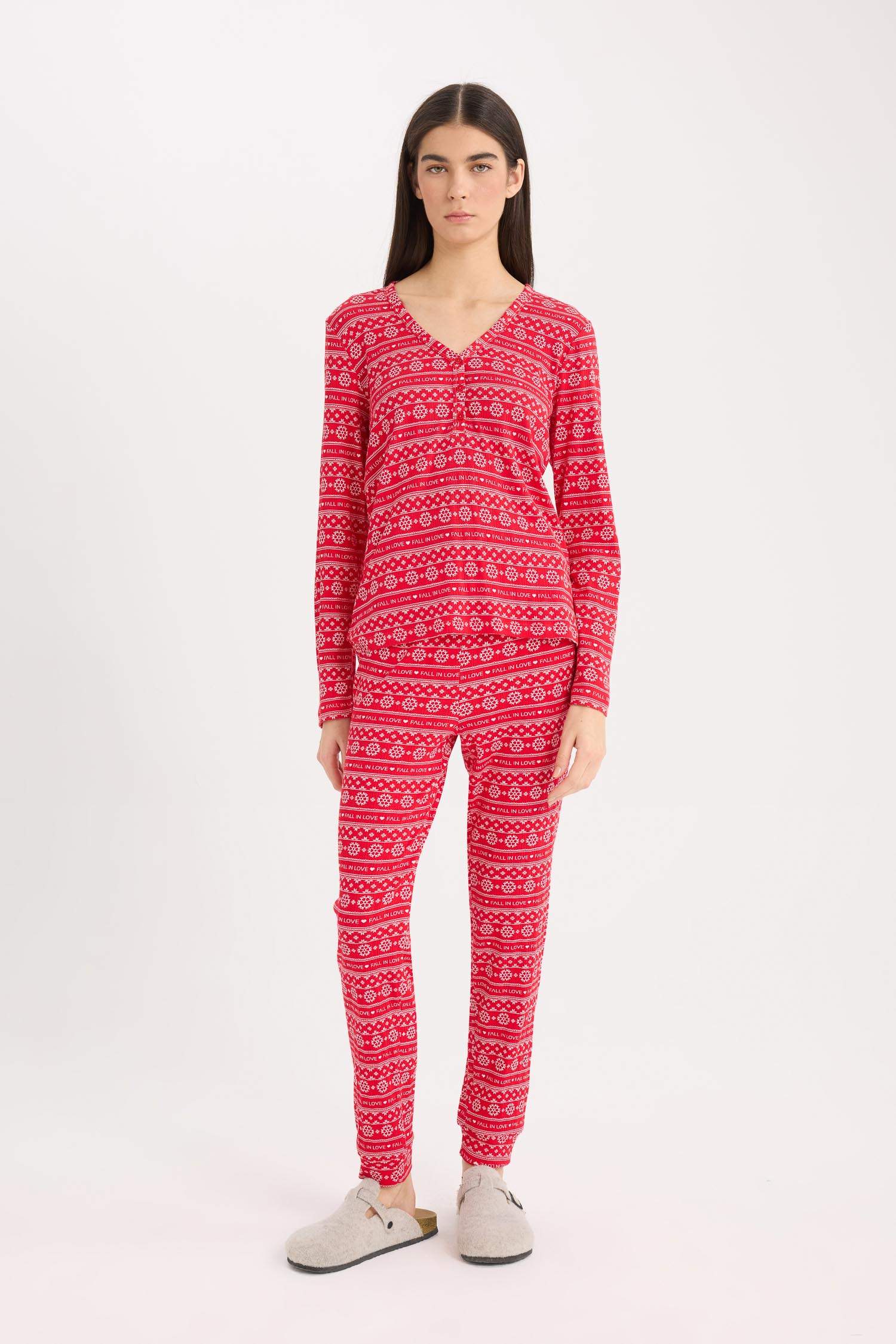 Pijama Takımı Waffle Kumaş Uzun Kollu Üst Beli Lastikli Uzun Alt-Fall in Love