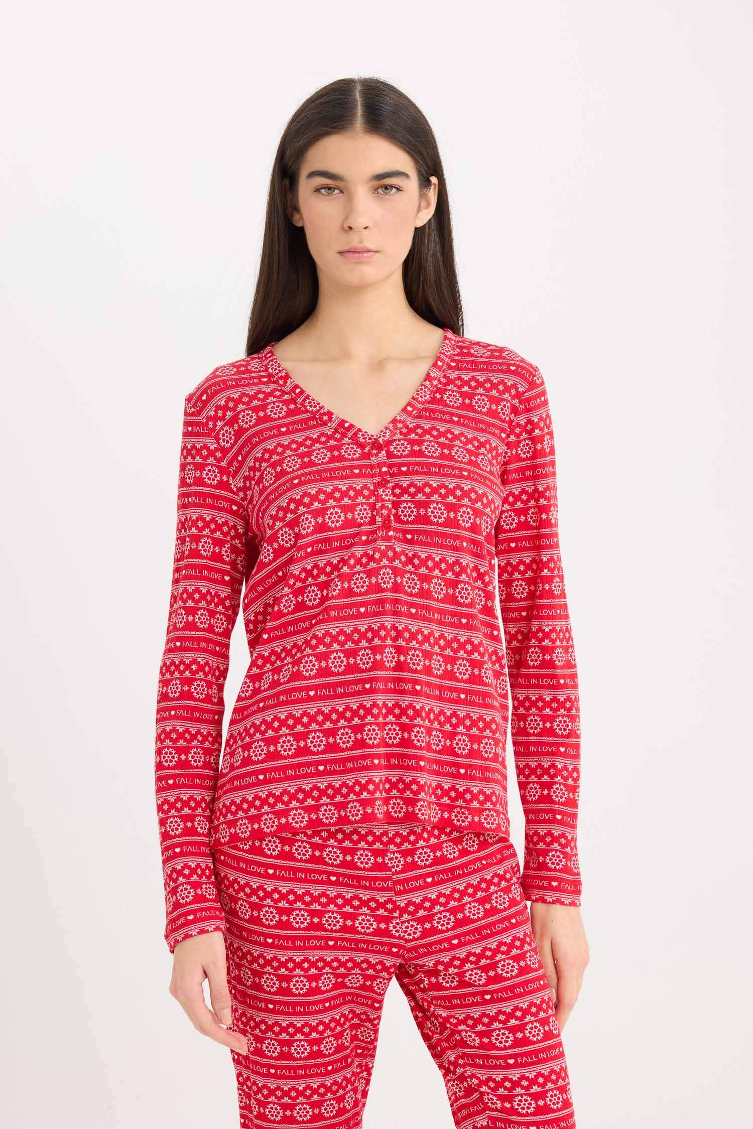 Pijama Takımı Waffle Kumaş Uzun Kollu Üst Beli Lastikli Uzun Alt-Fall in Love