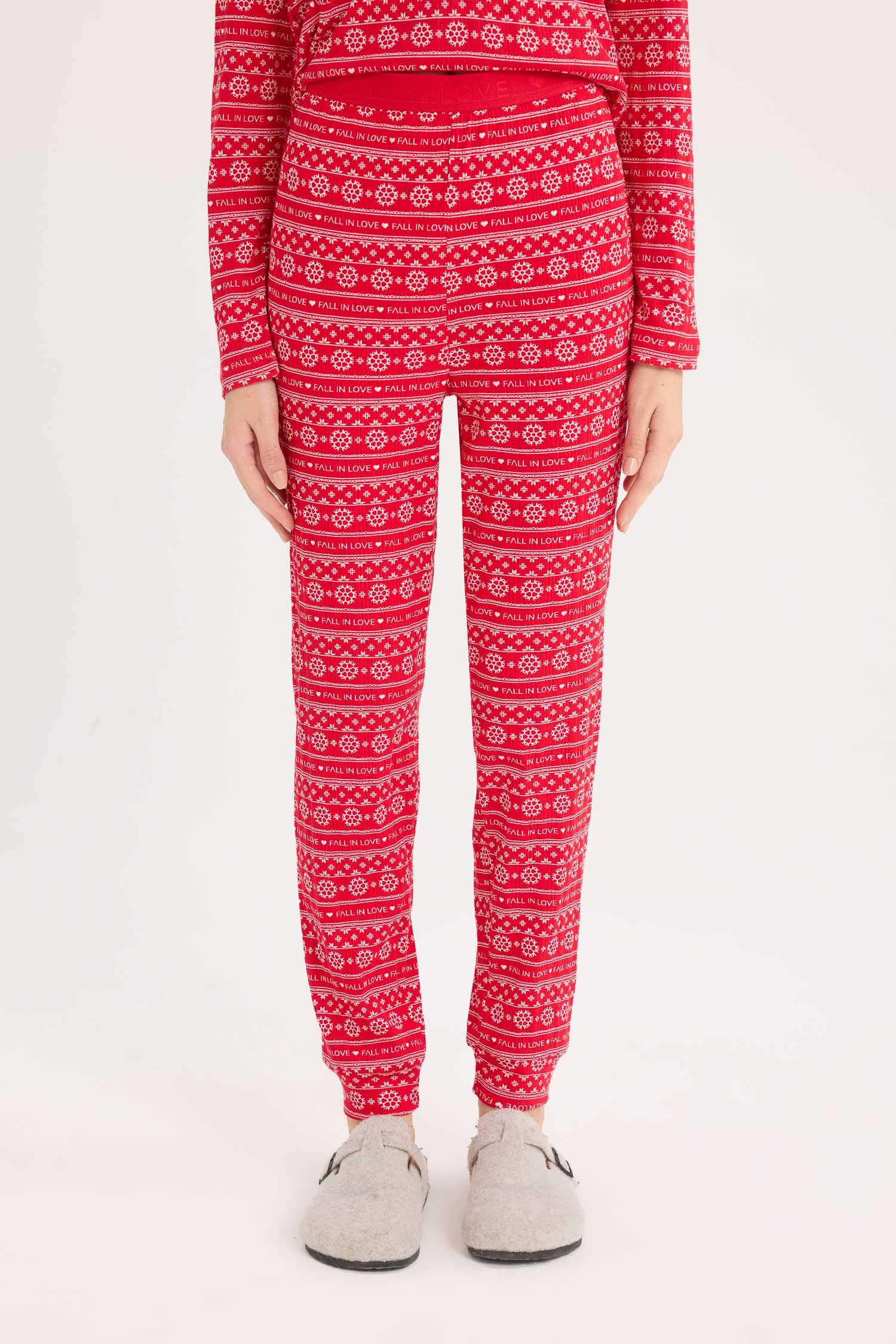 Pijama Takımı Waffle Kumaş Uzun Kollu Üst Beli Lastikli Uzun Alt-Fall in Love