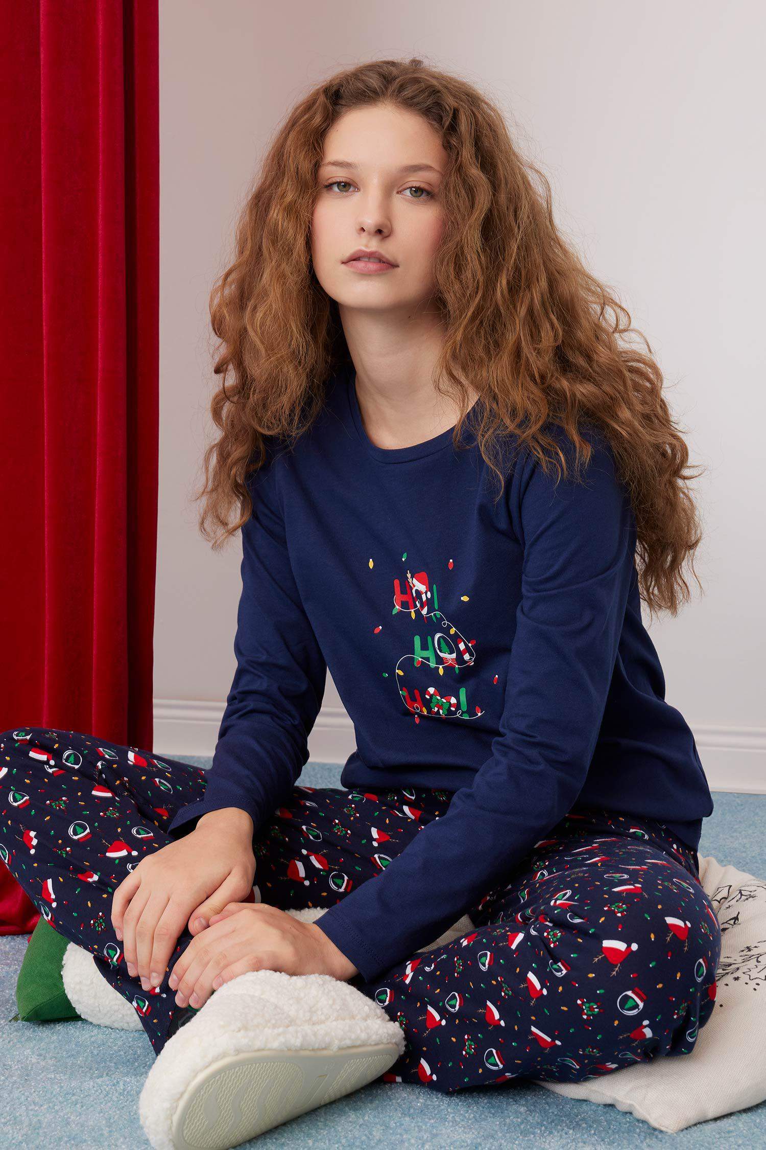 Yılbaşı Temalı Pijama Takımı Uzun Kollu Üst Beli Lastikli Uzun Alt