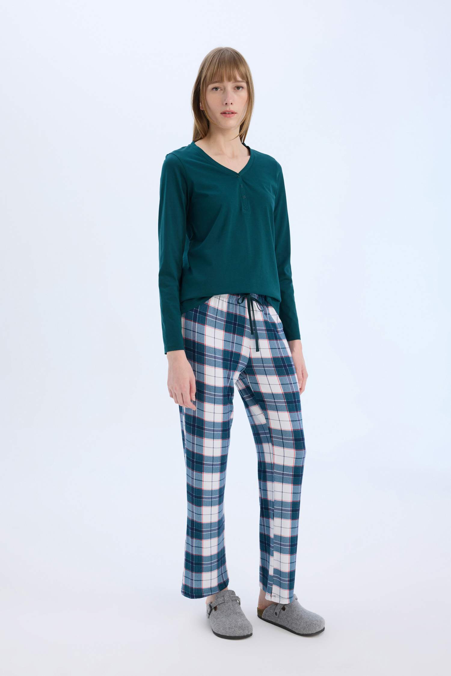 Pijama Takımı Regular Fit Uzun Kollu Üst Kareli Uzun Alt-Fall in Love