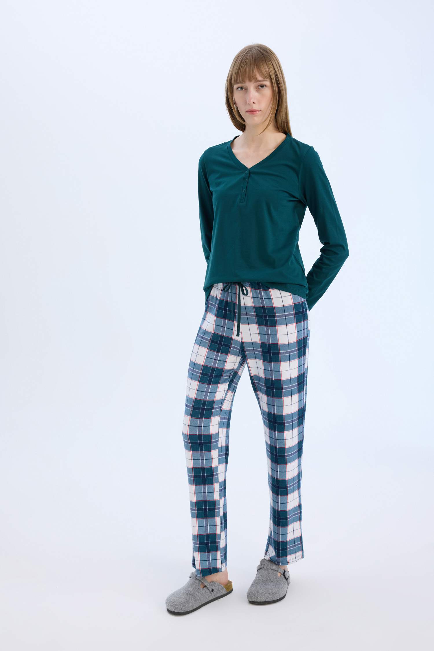 Pijama Takımı Regular Fit Uzun Kollu Üst Kareli Uzun Alt-Fall in Love