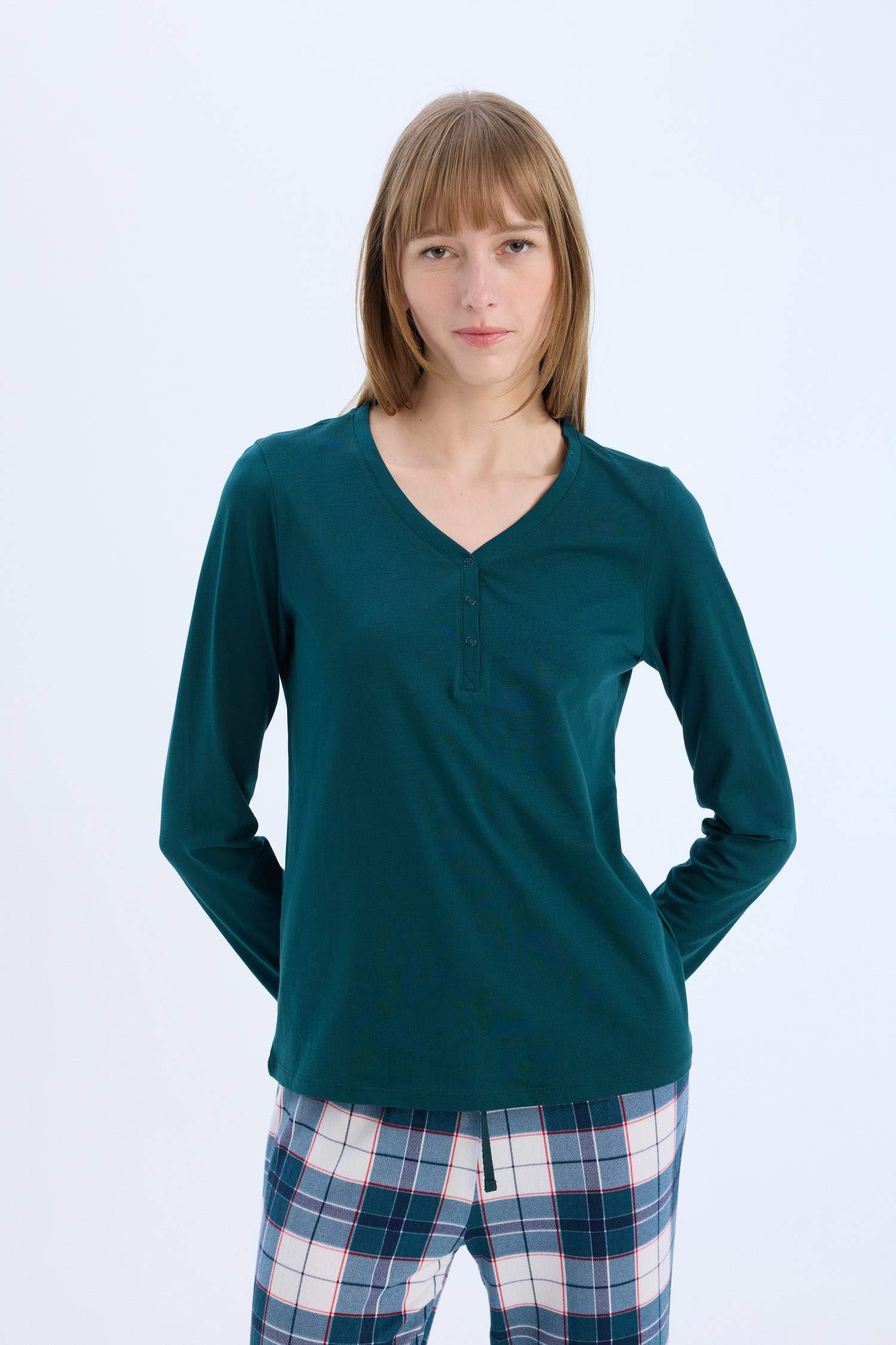 Pijama Takımı Regular Fit Uzun Kollu Üst Kareli Uzun Alt-Fall in Love