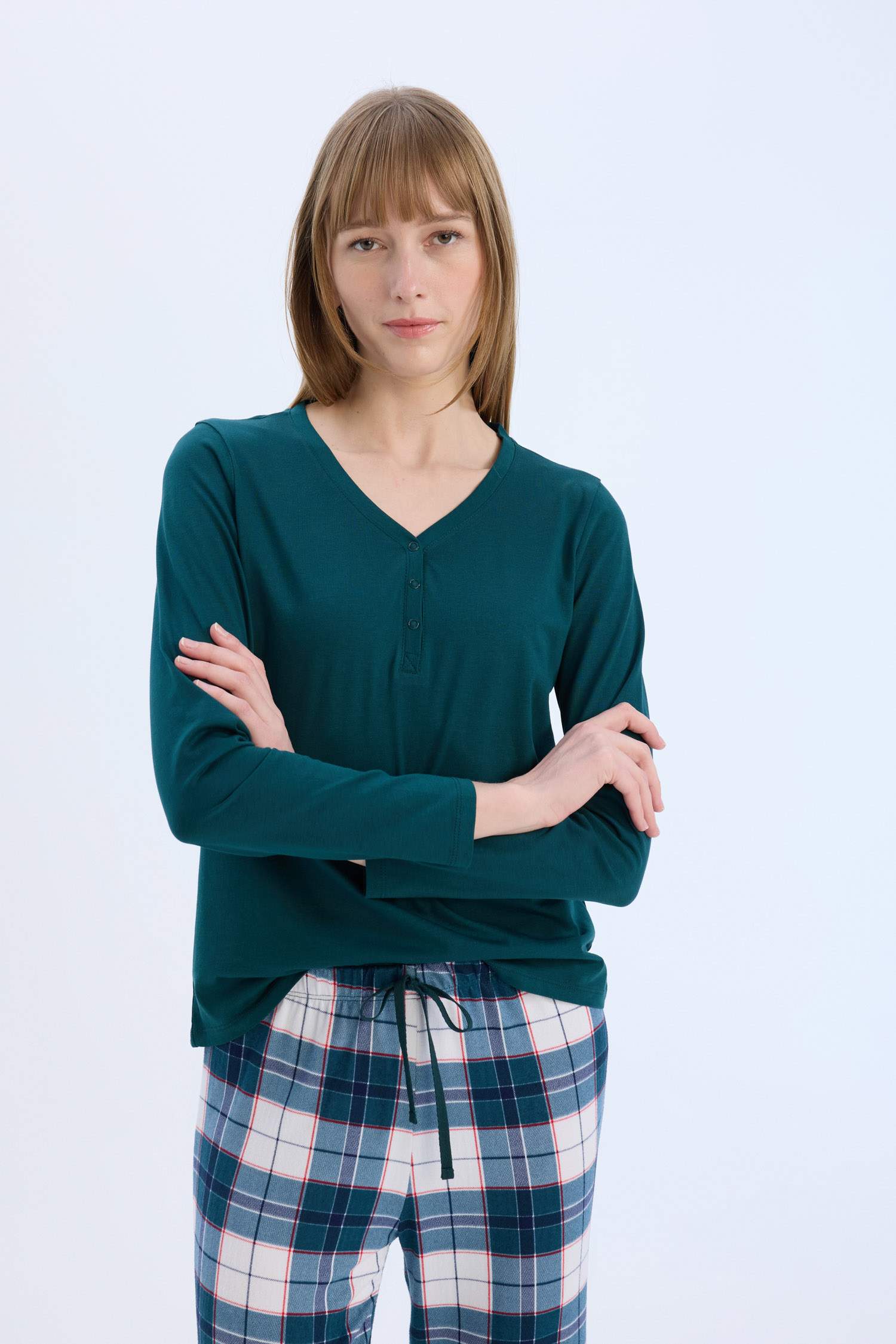 Pijama Takımı Regular Fit Uzun Kollu Üst Kareli Uzun Alt-Fall in Love