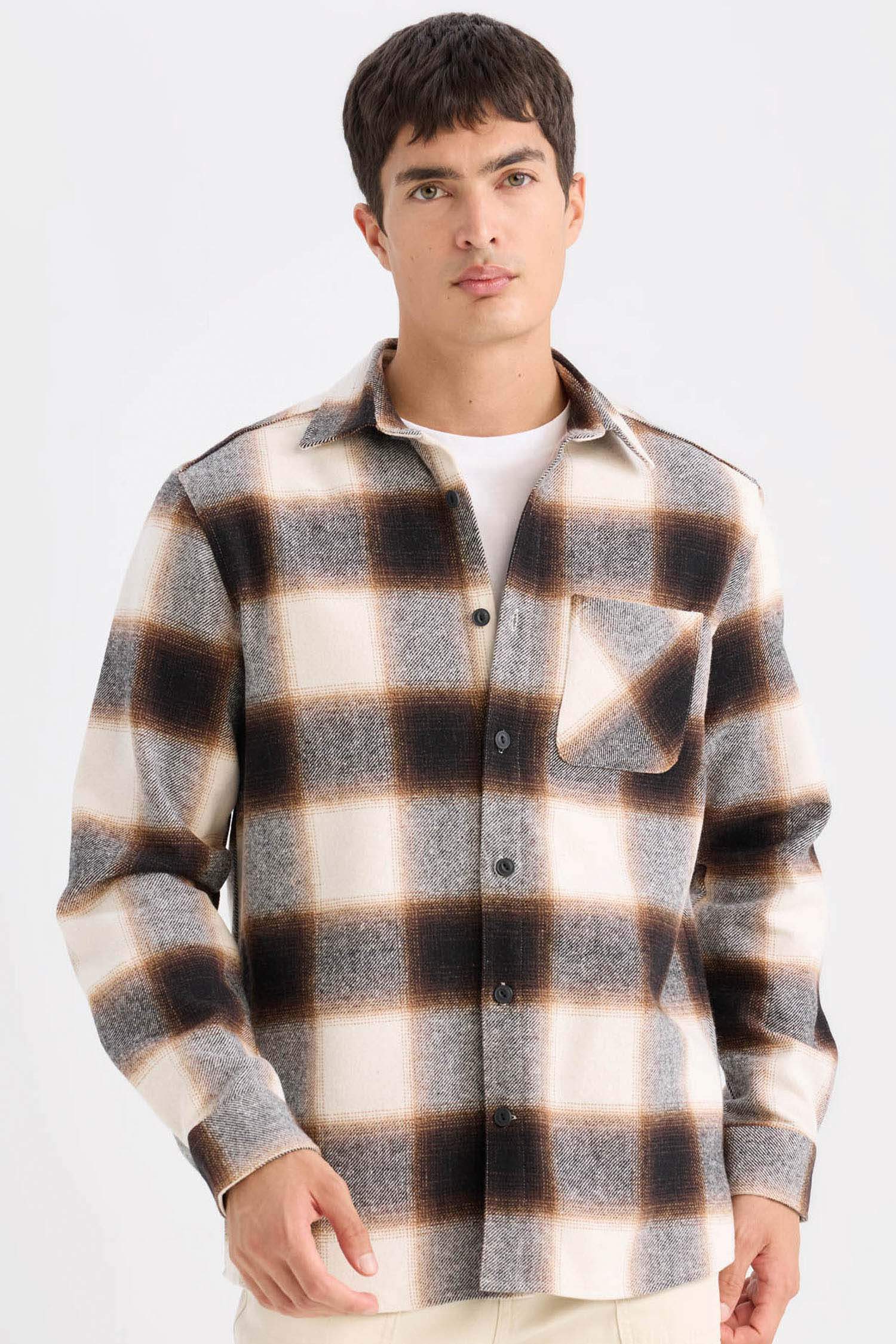 Regular Fit Polo Yaka Kareli Flanel Uzun Kollu Gömlek