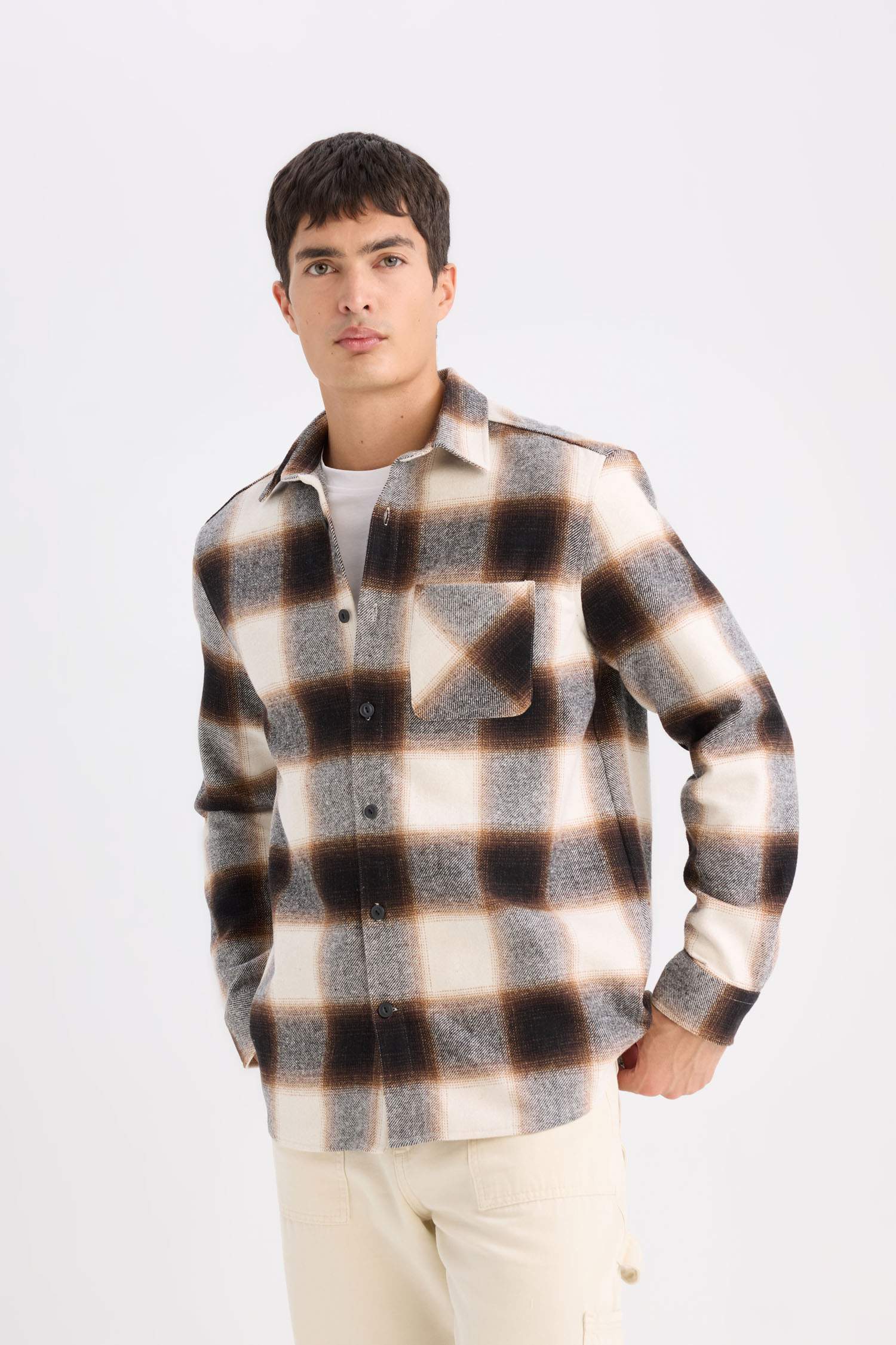 Regular Fit Polo Yaka Kareli Flanel Uzun Kollu Gömlek