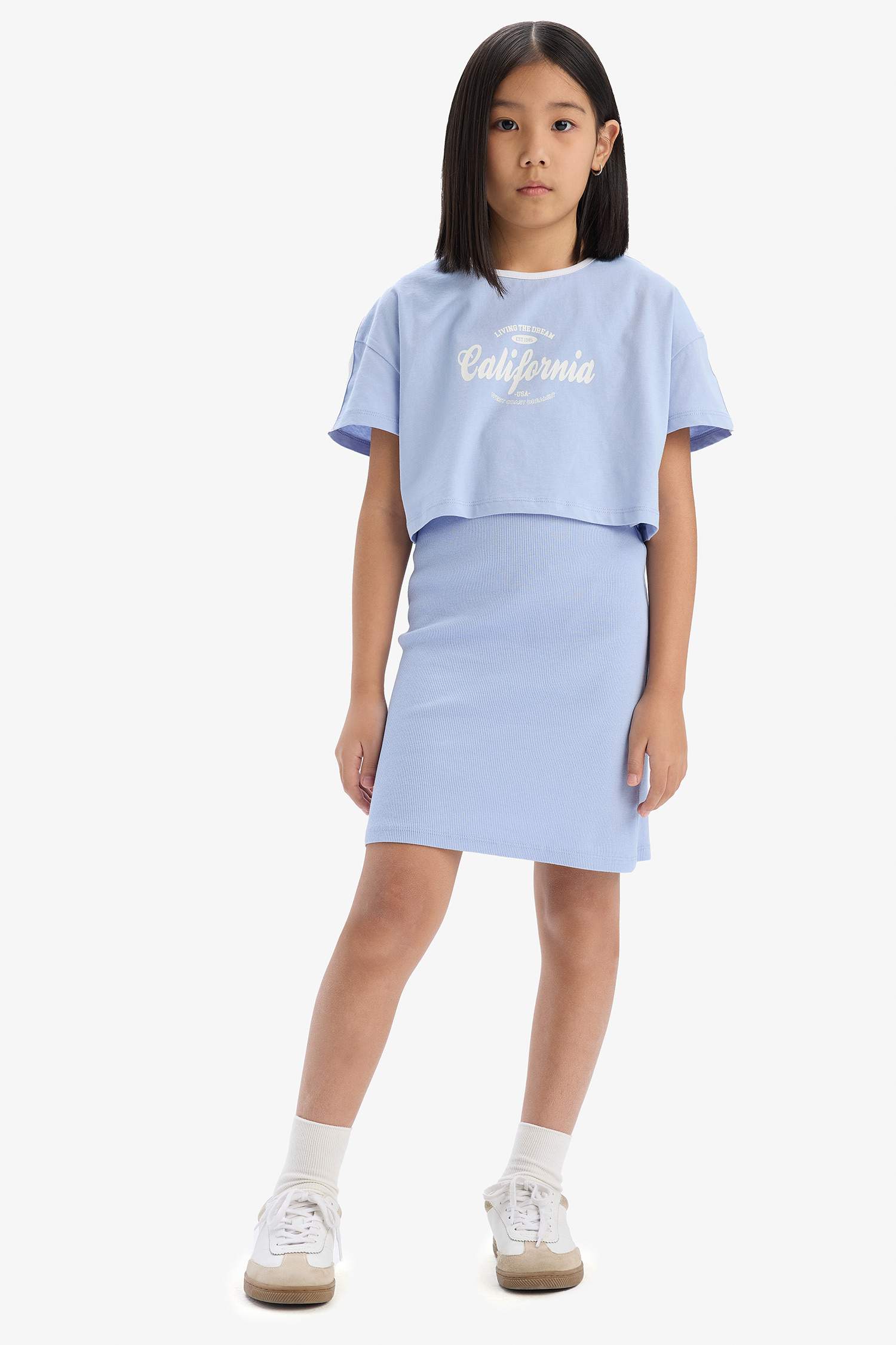 Kız Çocuk 2'li Takım Fitilli Kaşkorse Elbise Baskılı Kısa Kollu Tişört