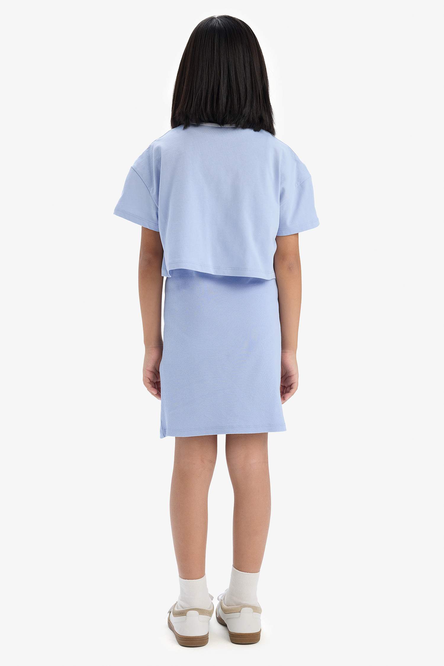 Kız Çocuk 2'li Takım Fitilli Kaşkorse Elbise Baskılı Kısa Kollu Tişört