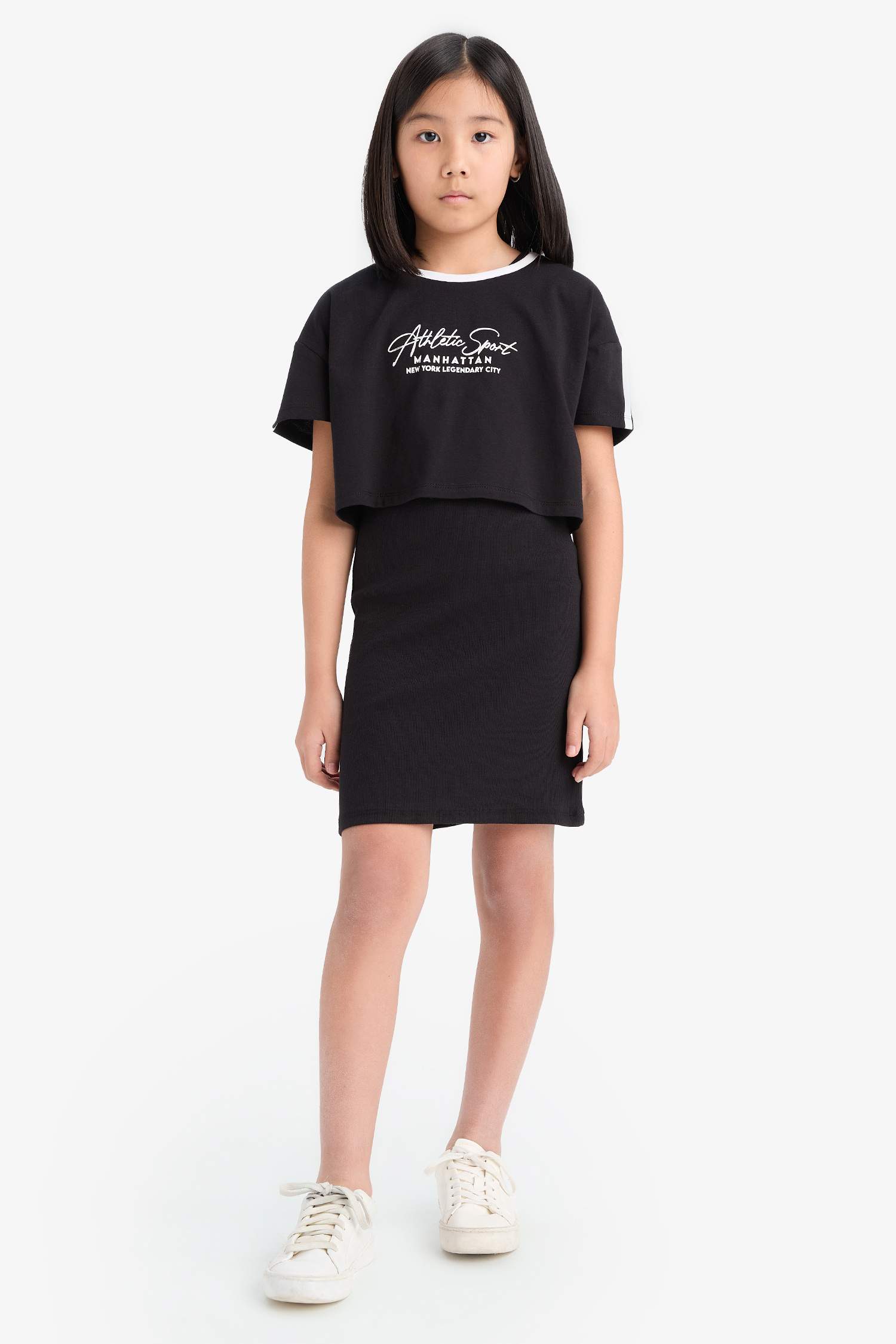 Kız Çocuk Bisiklet Yaka Fitilli Kaşkorse Baskılı Kısa Kollu Elbise