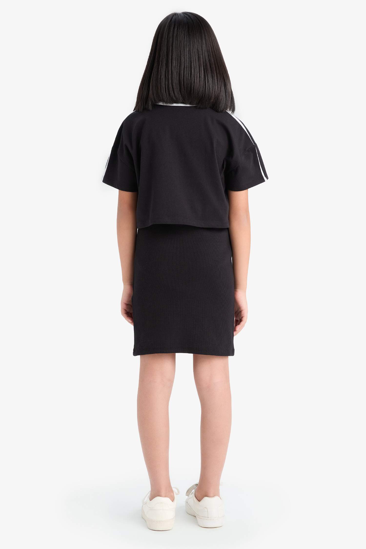 Kız Çocuk Bisiklet Yaka Fitilli Kaşkorse Baskılı Kısa Kollu Elbise