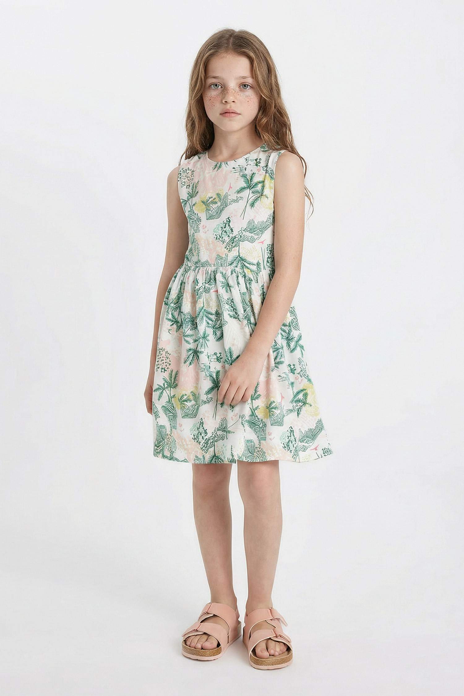 Girl Patterned Sleeveless Cotton Dress