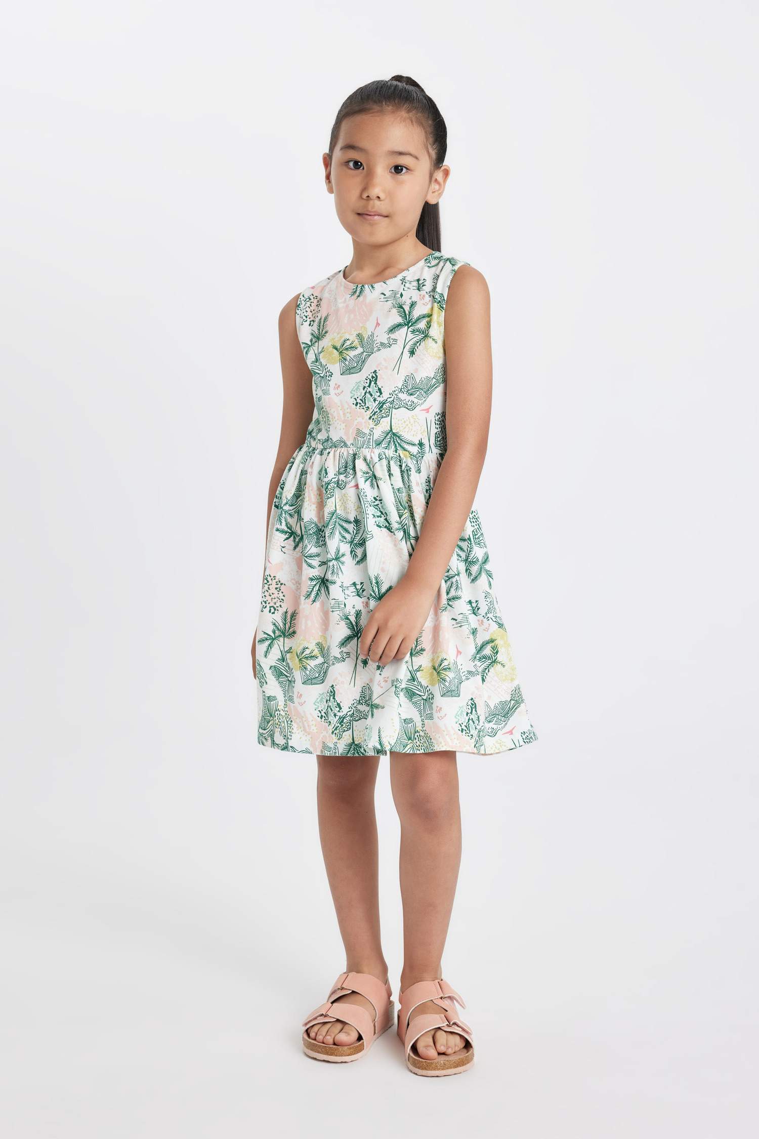 Kız Çocuk Desenli Kolsuz Penye Yazlık Elbise