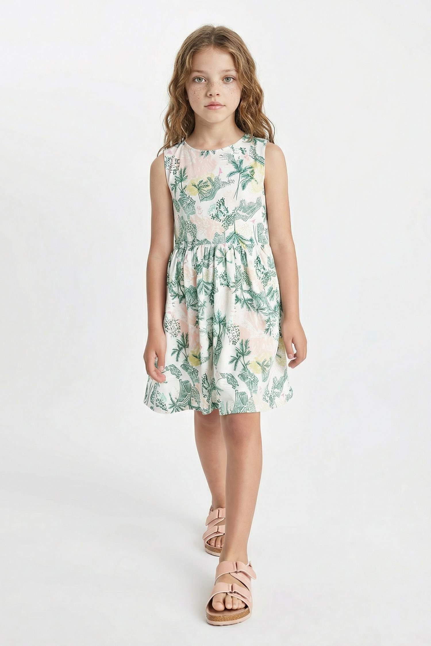 Girl Patterned Sleeveless Cotton Dress