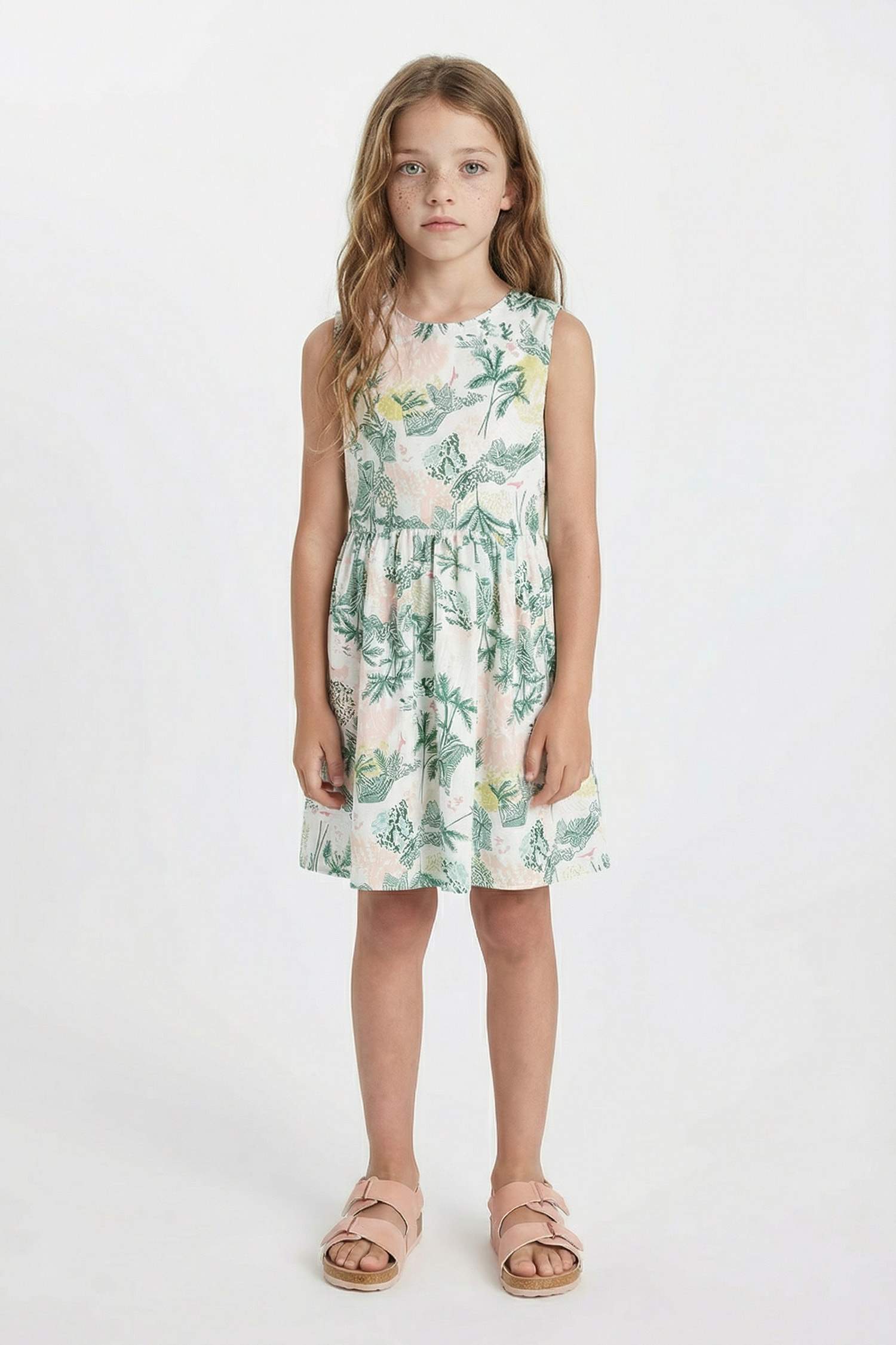 Girl Patterned Sleeveless Cotton Dress