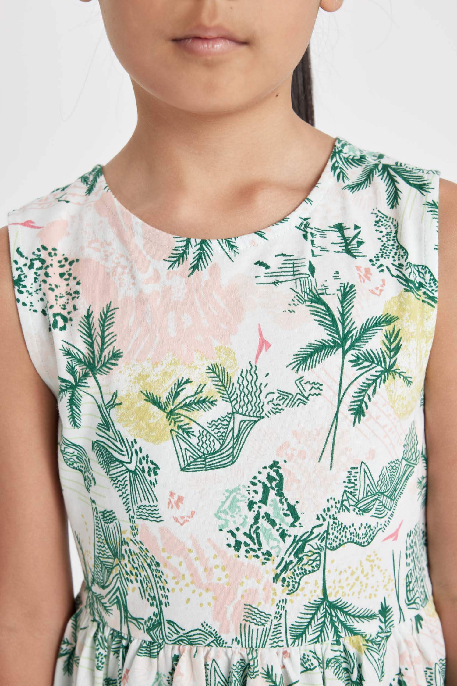 Kız Çocuk Desenli Kolsuz Penye Yazlık Elbise