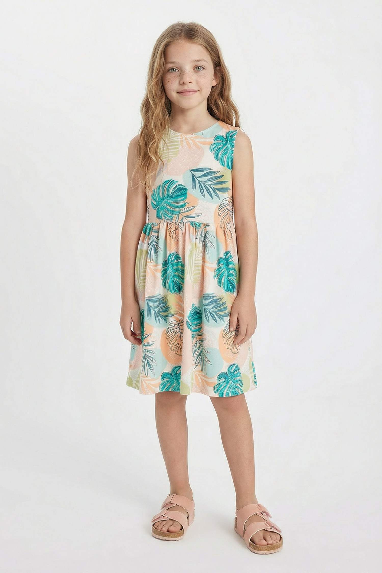 Girl Patterned Sleeveless Cotton Dress