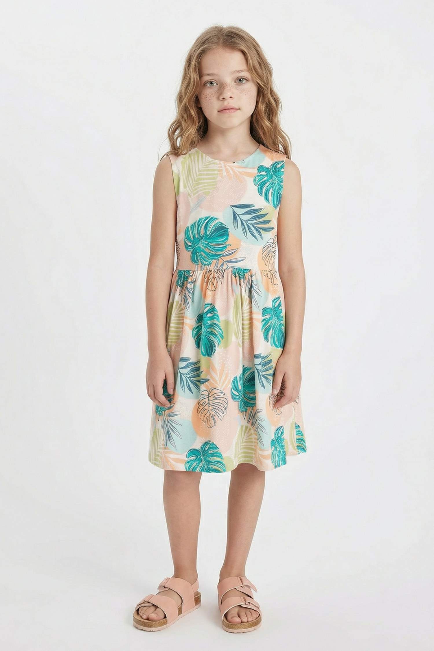 Girl Patterned Sleeveless Cotton Dress