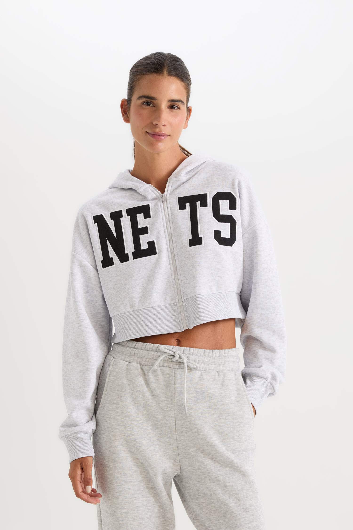DeFactoFit NBA Brooklyn Nets Crop Kalın Fermuarlı Sweatshirt