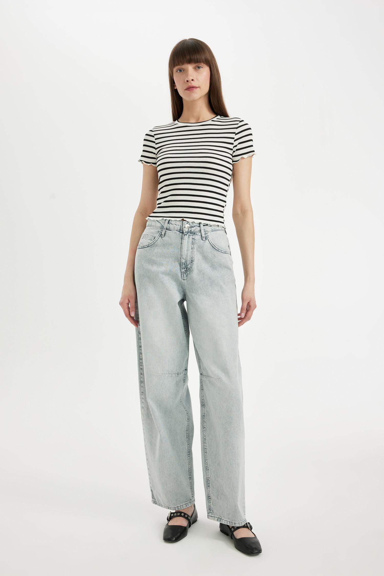 Fitted Bisiklet Yaka 2'li Fitilli Kaşkorse Kısa Kollu Tişört