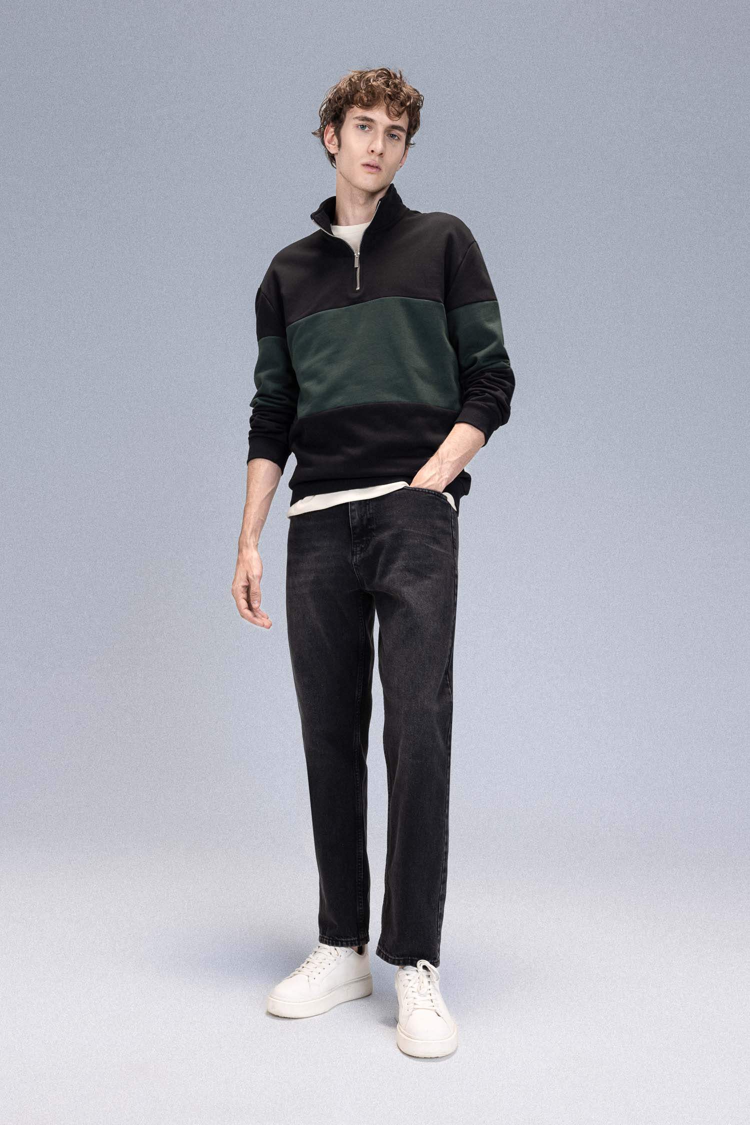 Comfort Regular Fit Rahat Kalıp Dik Yaka Fermuarlı Çizgili Kalın Sweatshirt