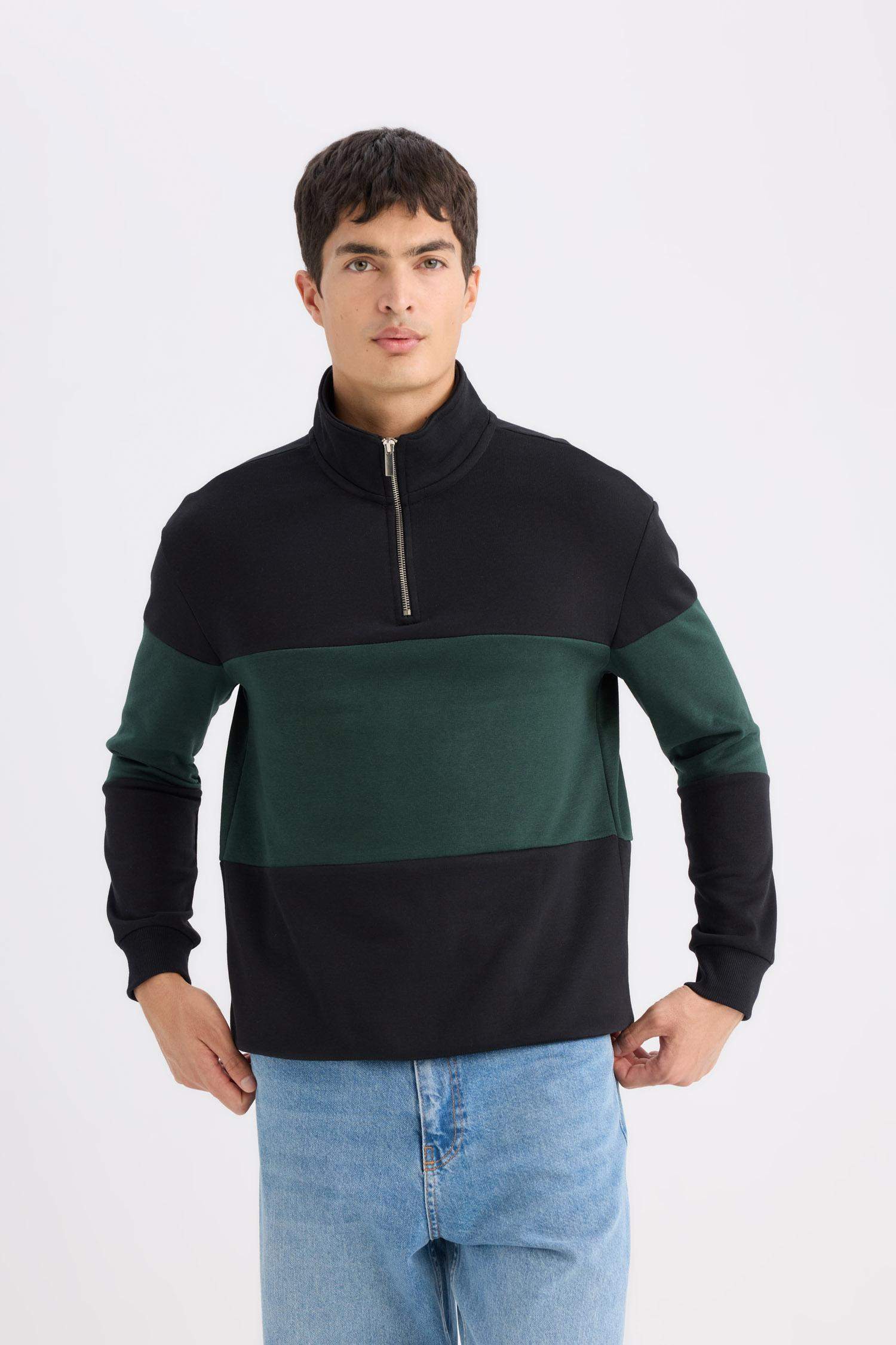 Comfort Regular Fit Rahat Kalıp Dik Yaka Fermuarlı Çizgili Kalın Sweatshirt