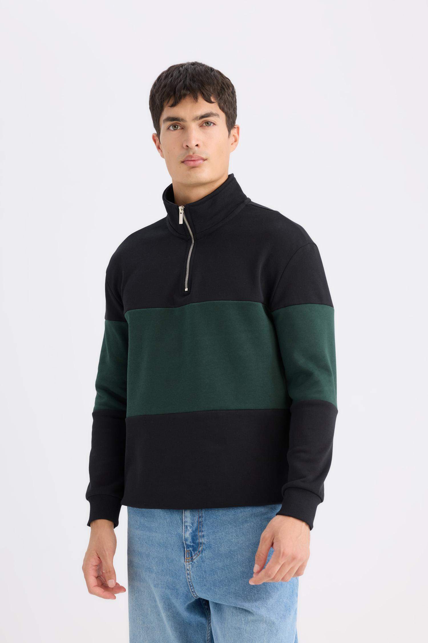 Comfort Regular Fit Rahat Kalıp Dik Yaka Fermuarlı Çizgili Kalın Sweatshirt
