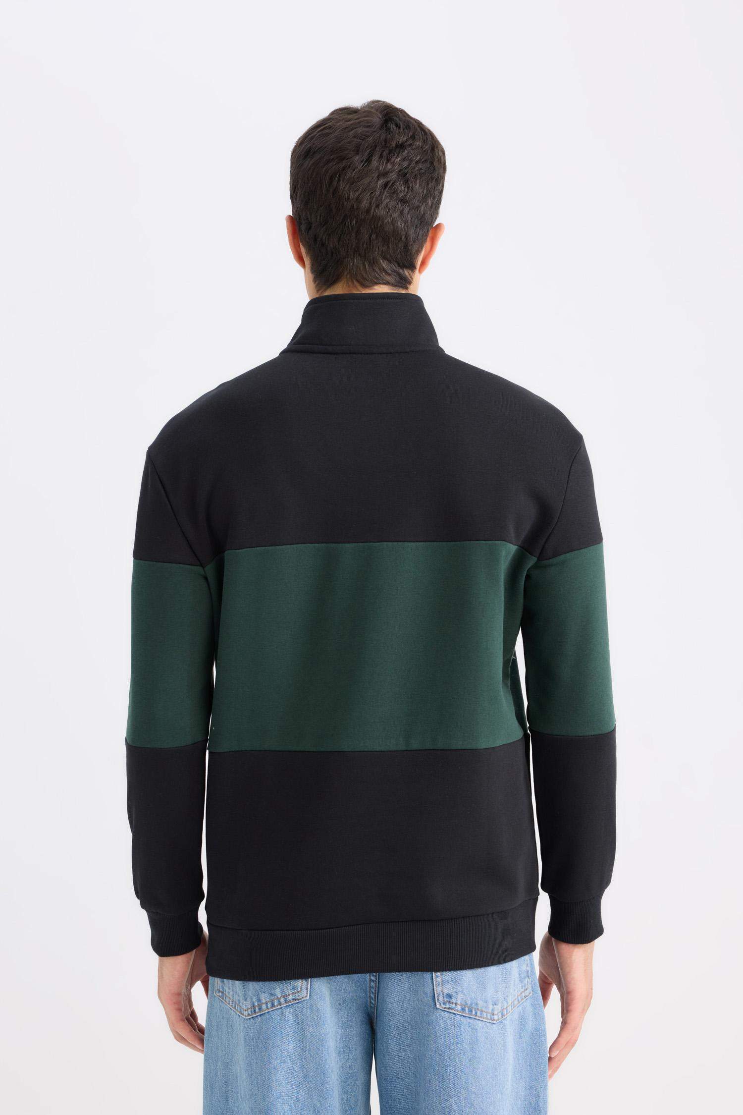 Comfort Regular Fit Rahat Kalıp Dik Yaka Fermuarlı Çizgili Kalın Sweatshirt