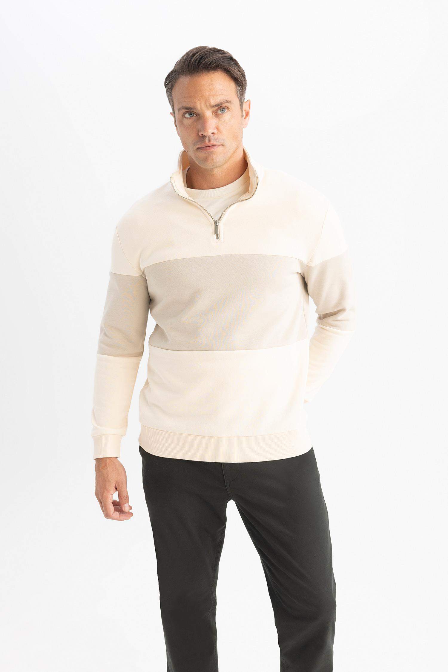 Comfort Regular Fit Rahat Kalıp Dik Yaka Fermuarlı Çizgili Kalın Sweatshirt