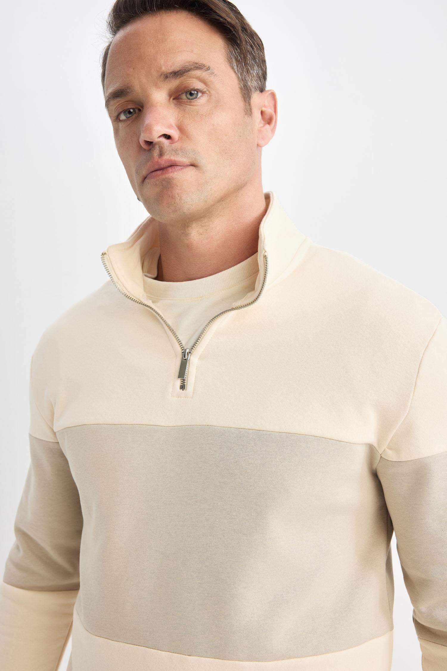 Comfort Regular Fit Rahat Kalıp Dik Yaka Fermuarlı Çizgili Kalın Sweatshirt