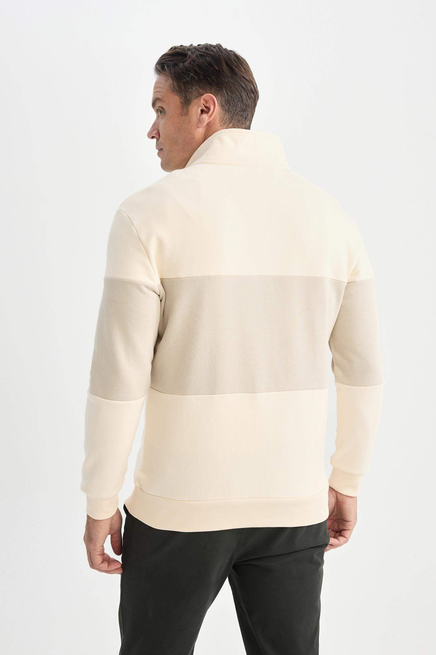 Comfort Regular Fit Rahat Kalıp Dik Yaka Fermuarlı Çizgili Kalın Sweatshirt