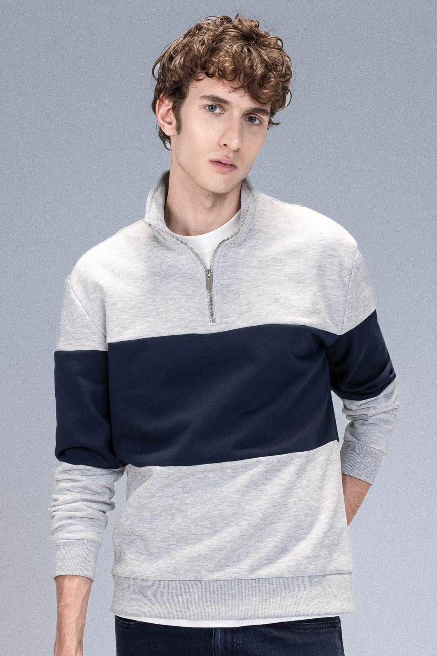 Comfort Regular Fit Stand Collar Zippered Striped Thick Sweatshirt