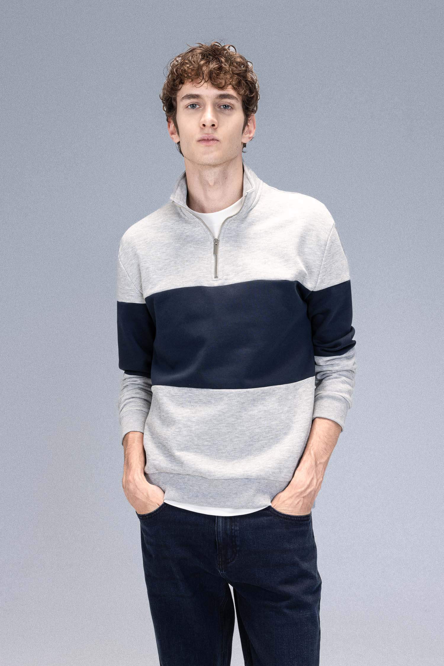 Comfort Regular Fit Stand Collar Zippered Striped Thick Sweatshirt