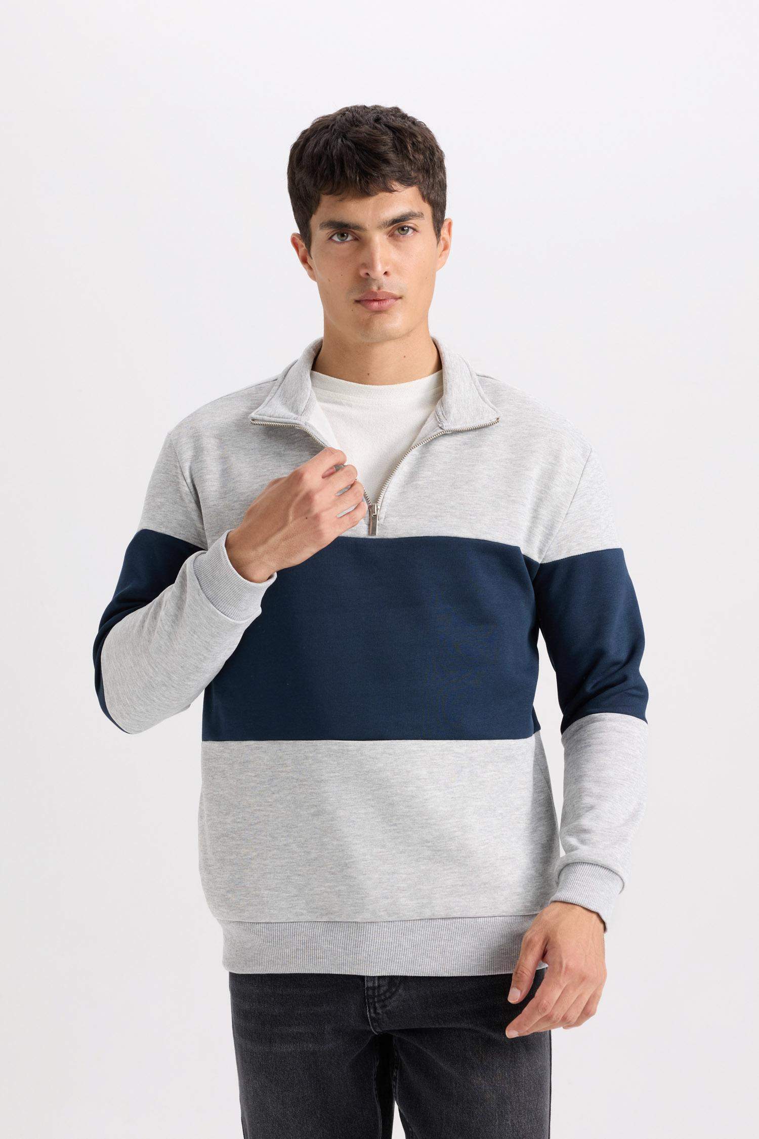 Comfort Regular Fit Stand Collar Zippered Striped Thick Sweatshirt