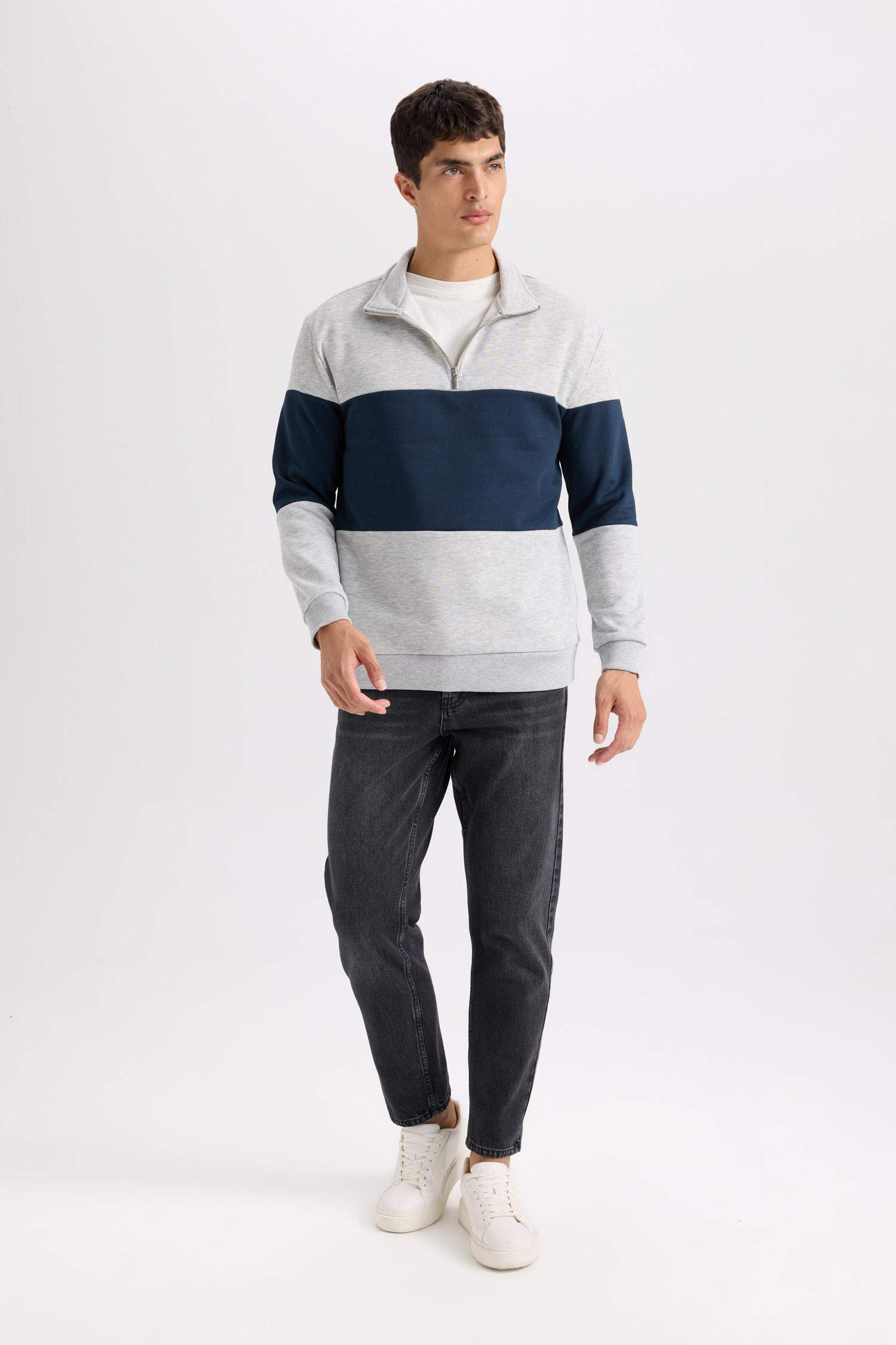 Comfort Regular Fit Stand Collar Zippered Striped Thick Sweatshirt