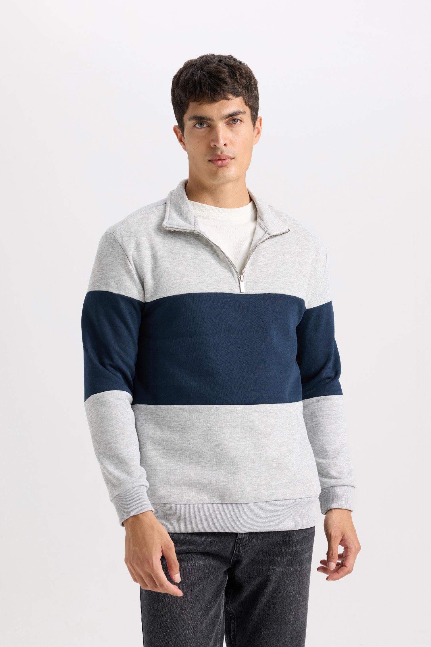 Comfort Regular Fit Stand Collar Zippered Striped Thick Sweatshirt