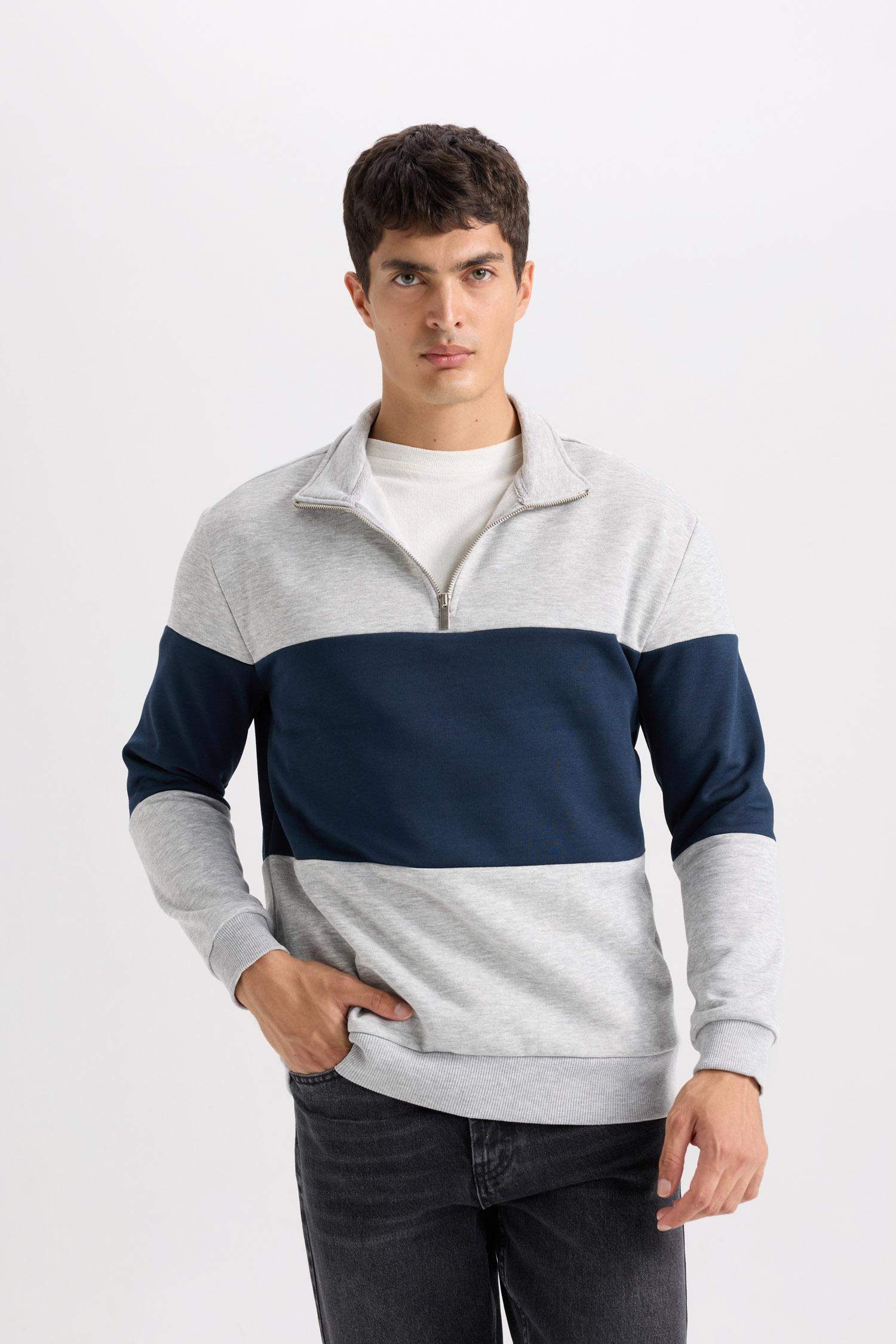 Comfort Regular Fit Stand Collar Zippered Striped Thick Sweatshirt