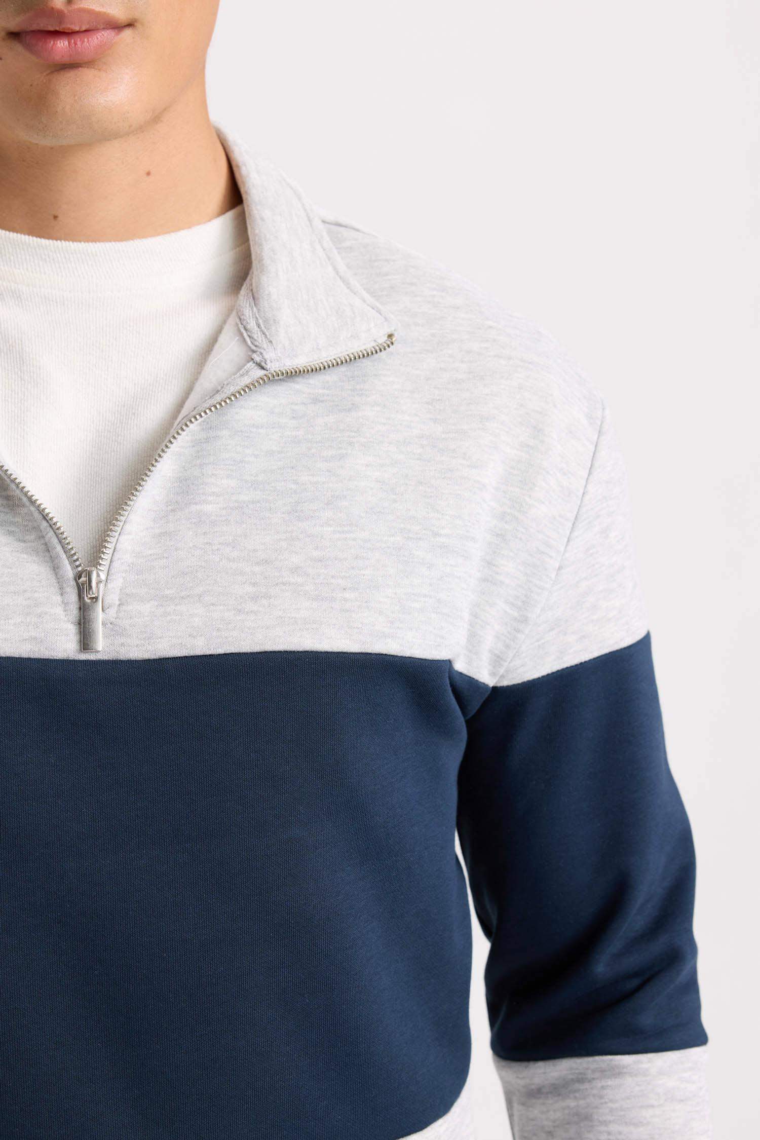 Comfort Regular Fit Stand Collar Zippered Striped Thick Sweatshirt