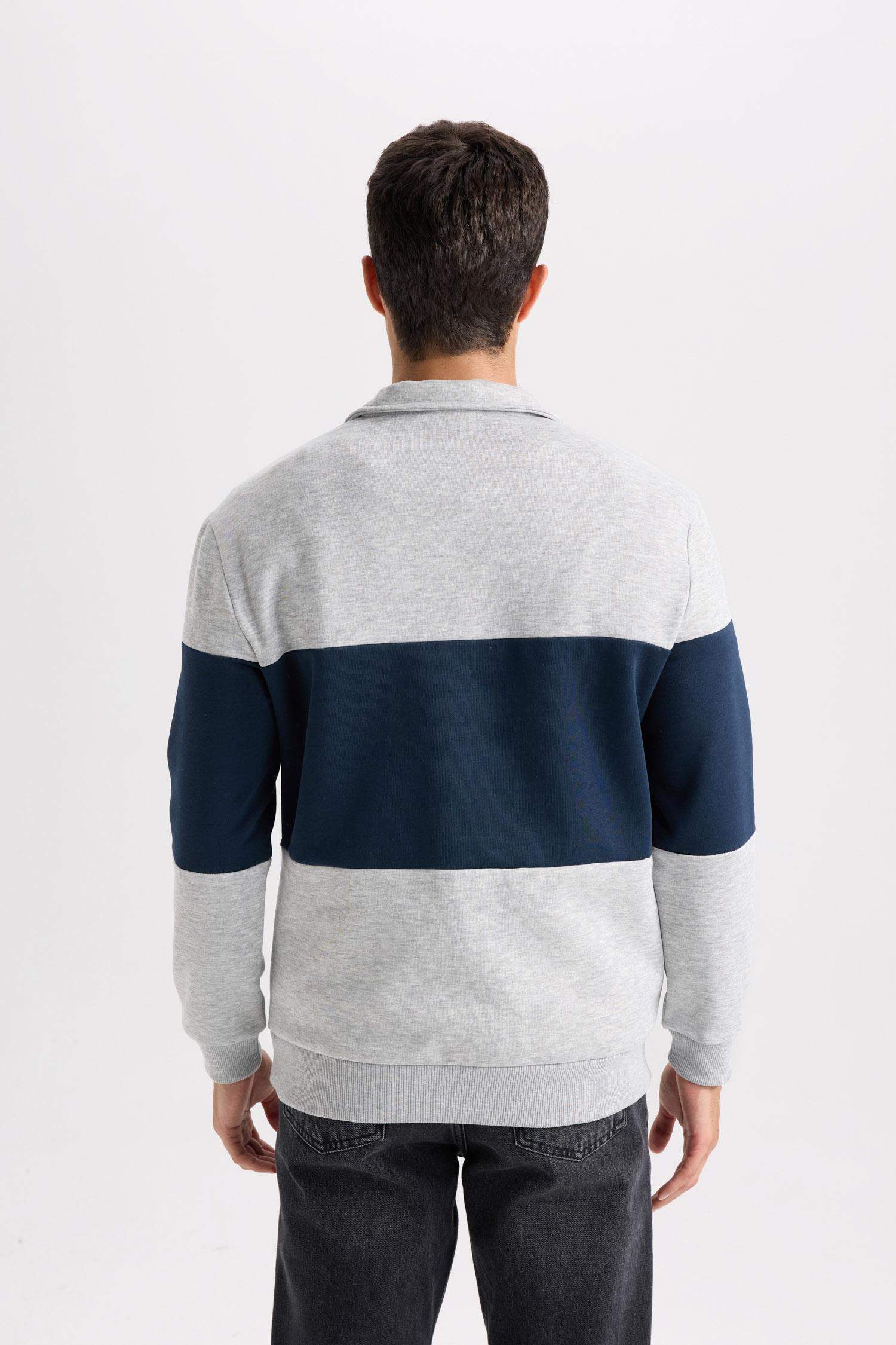 Comfort Regular Fit Stand Collar Zippered Striped Thick Sweatshirt