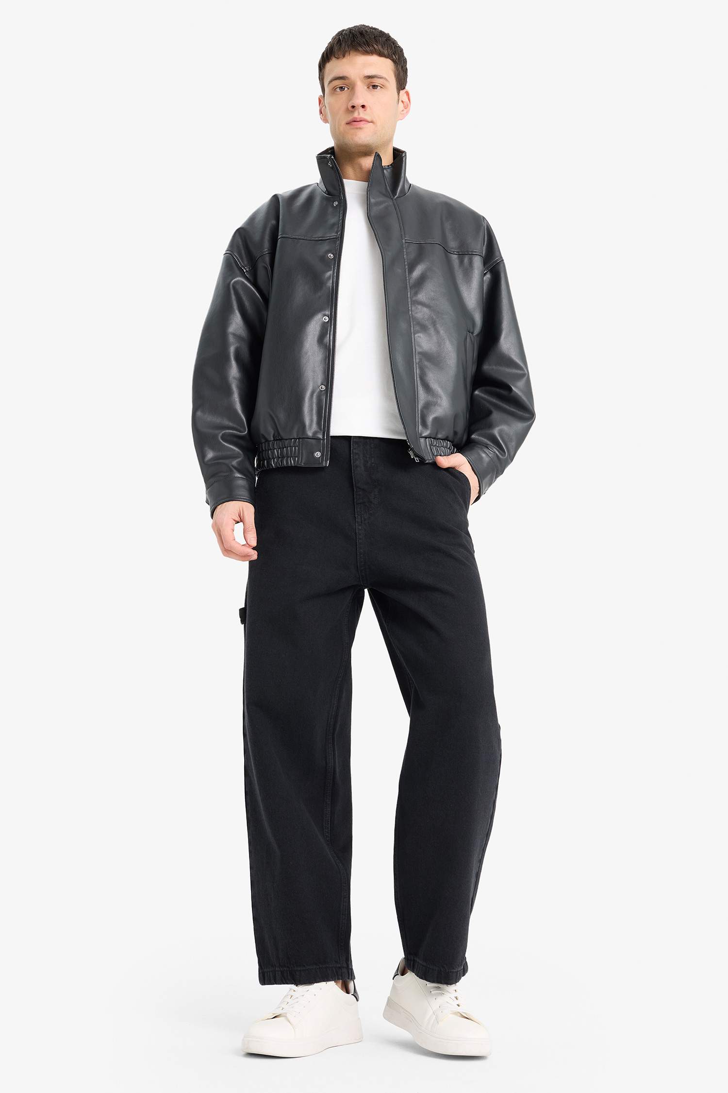 Su İtici Oversize Fit Geniş Kalıp Dik Yaka İç Cepli Çıtçıt Kapamalı Beli Lastikli Deri Ceket Mont