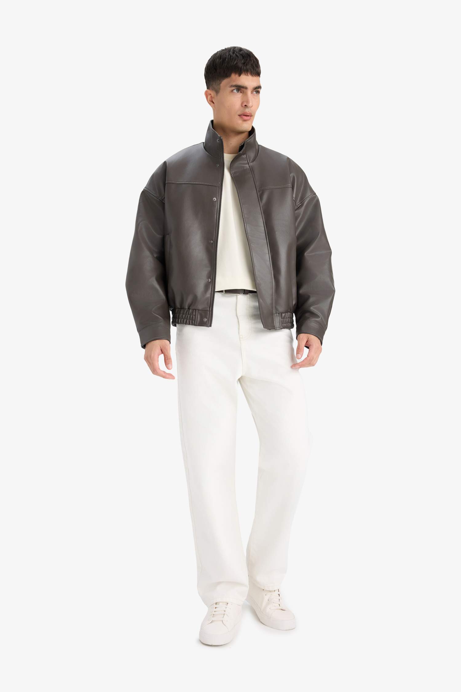 Su İtici Oversize Fit Geniş Kalıp Dik Yaka İç Cepli Çıtçıt Kapamalı Beli Lastikli Deri Ceket Mont