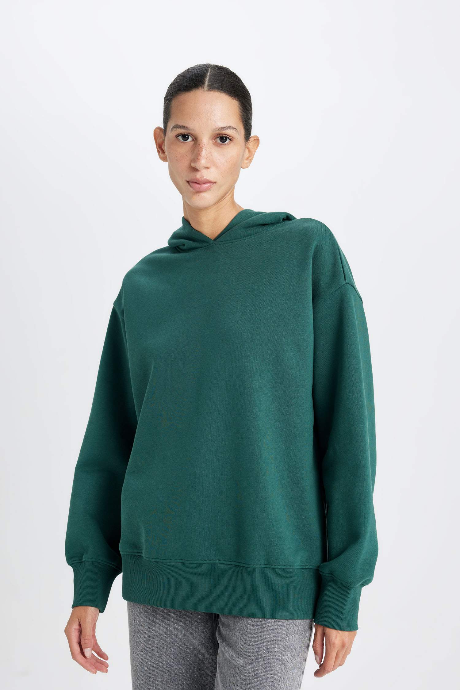 Boxy Fit Kapüşonlu Basic Düz Kalın Sweatshirt