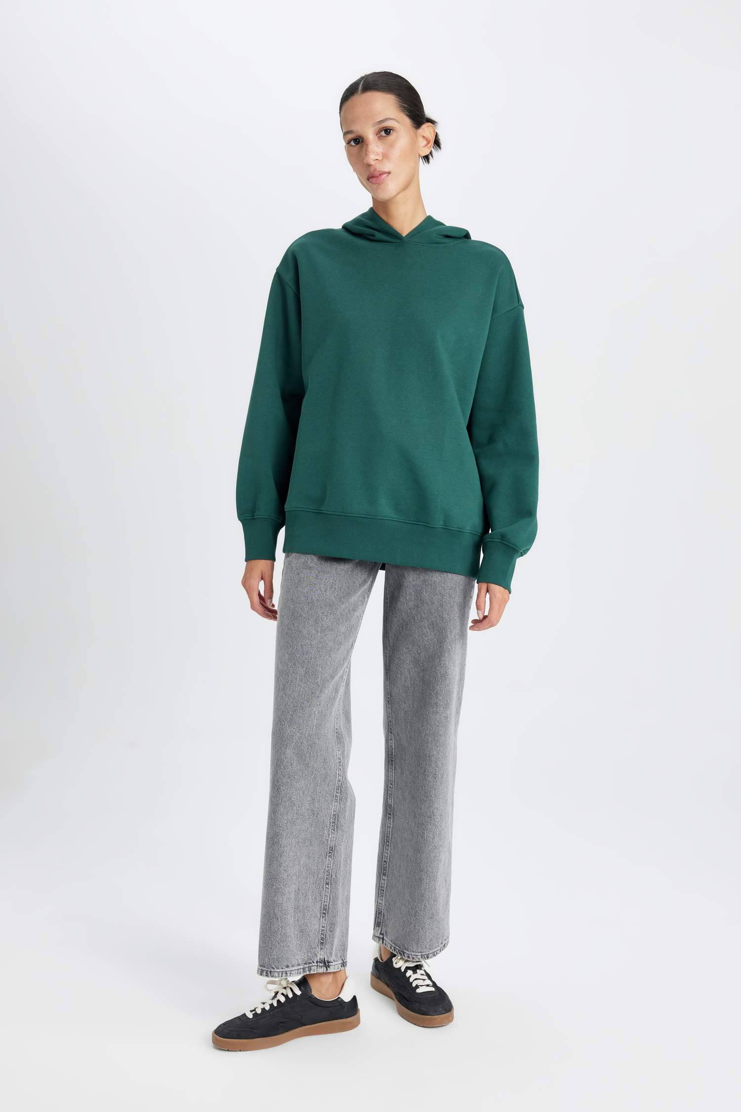 Boxy Fit Kapüşonlu Basic Düz Kalın Sweatshirt