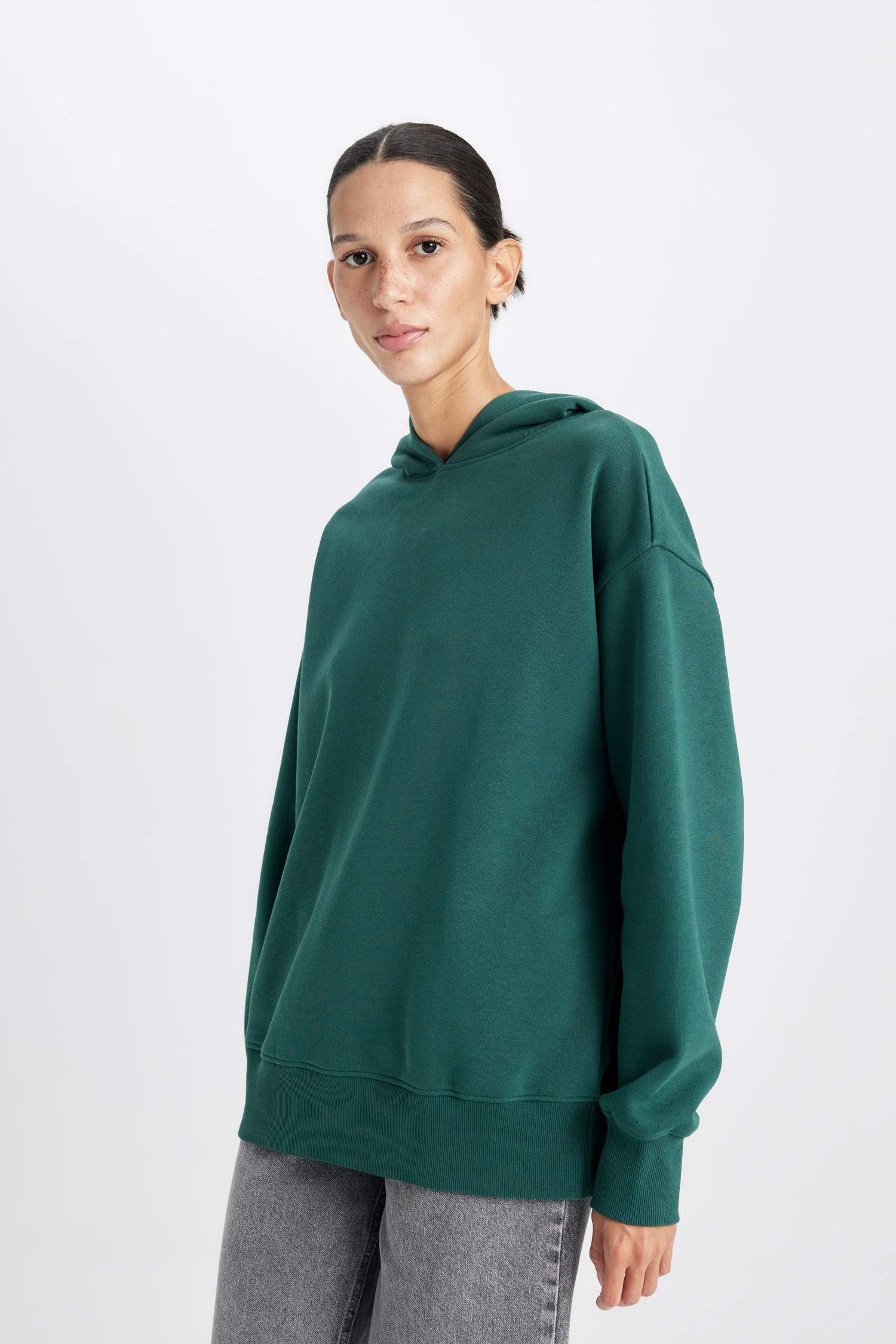 Boxy Fit Kapüşonlu Basic Düz Kalın Sweatshirt