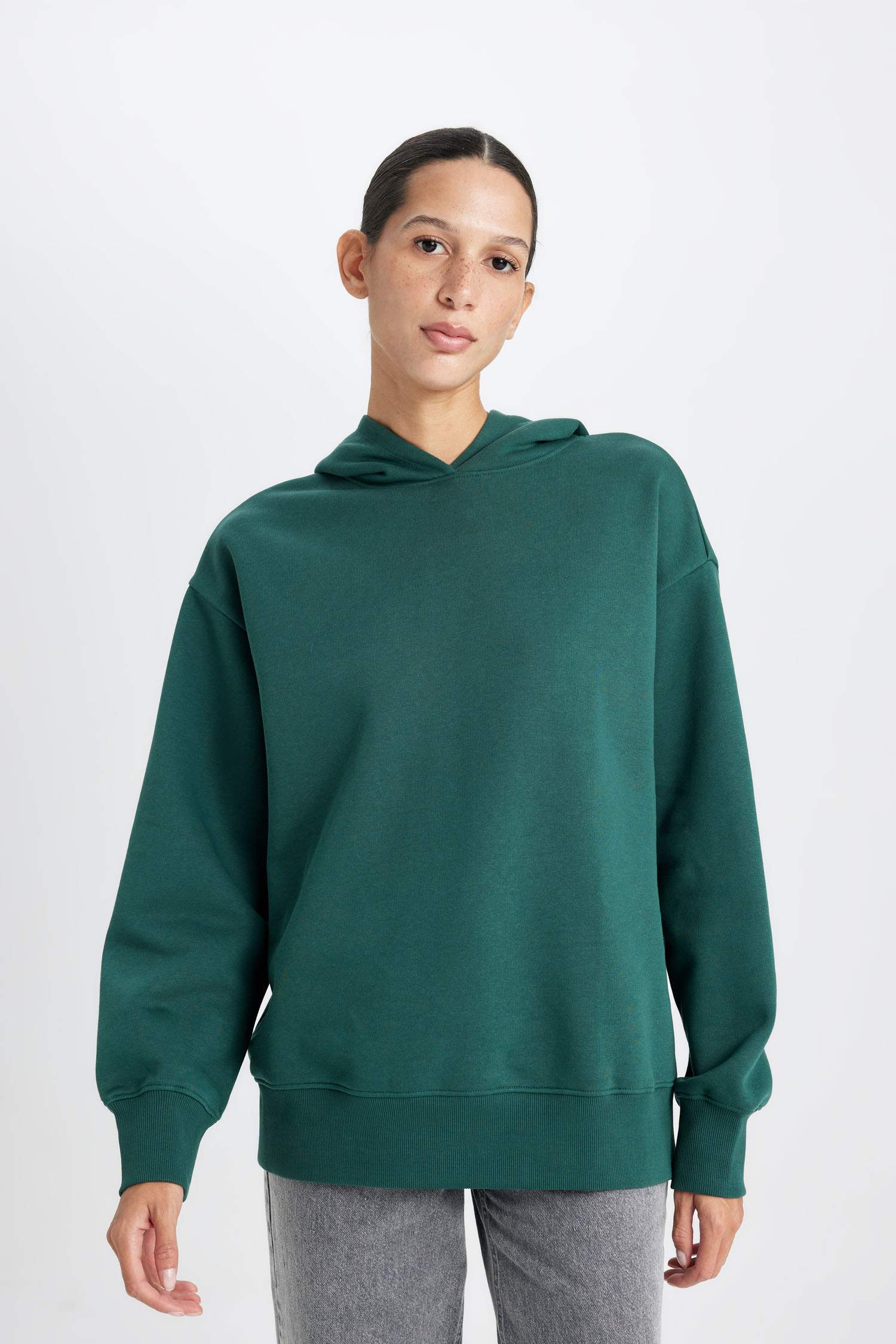 Boxy Fit Kapüşonlu Basic Düz Kalın Sweatshirt