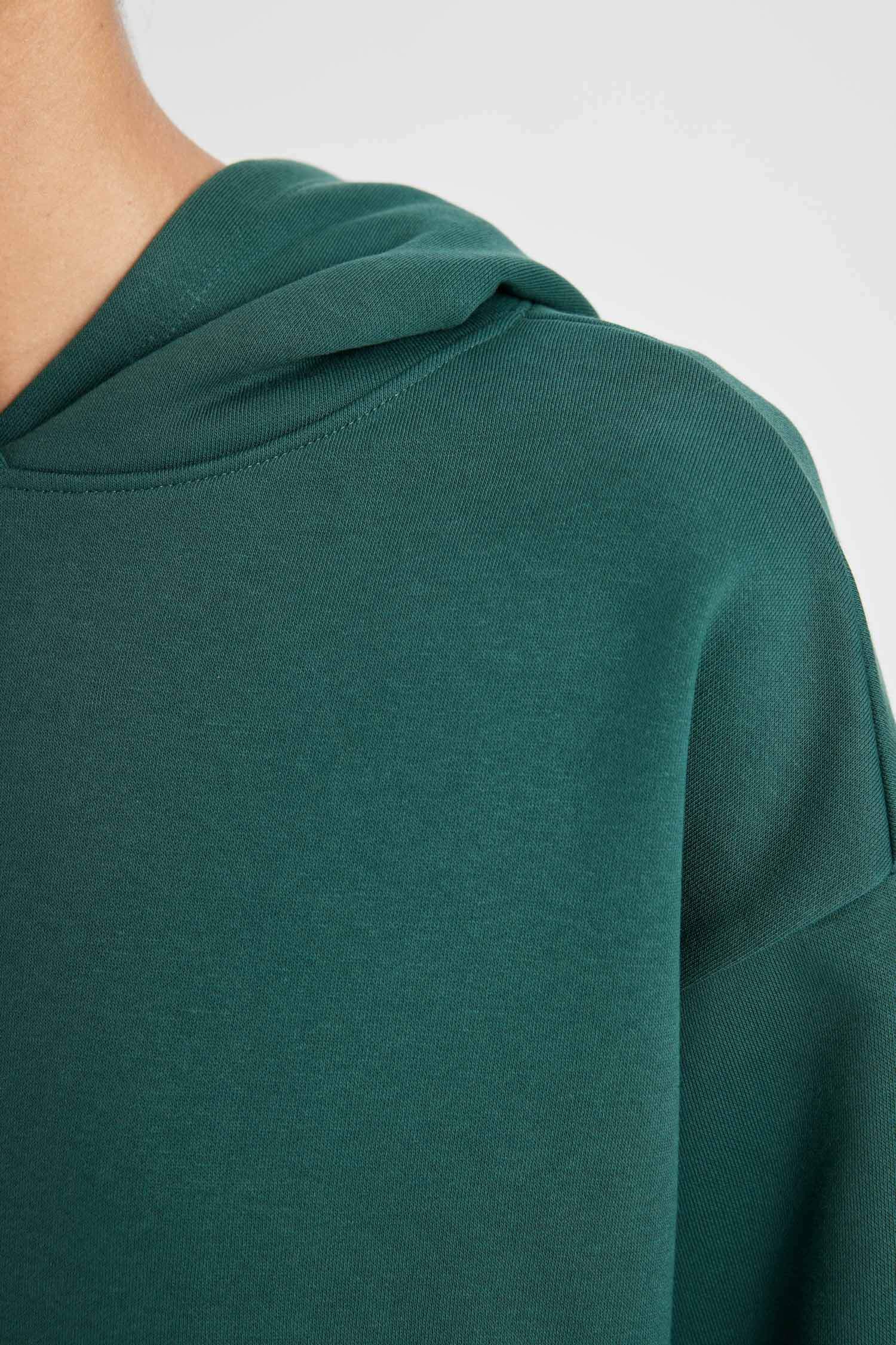 Boxy Fit Kapüşonlu Basic Düz Kalın Sweatshirt