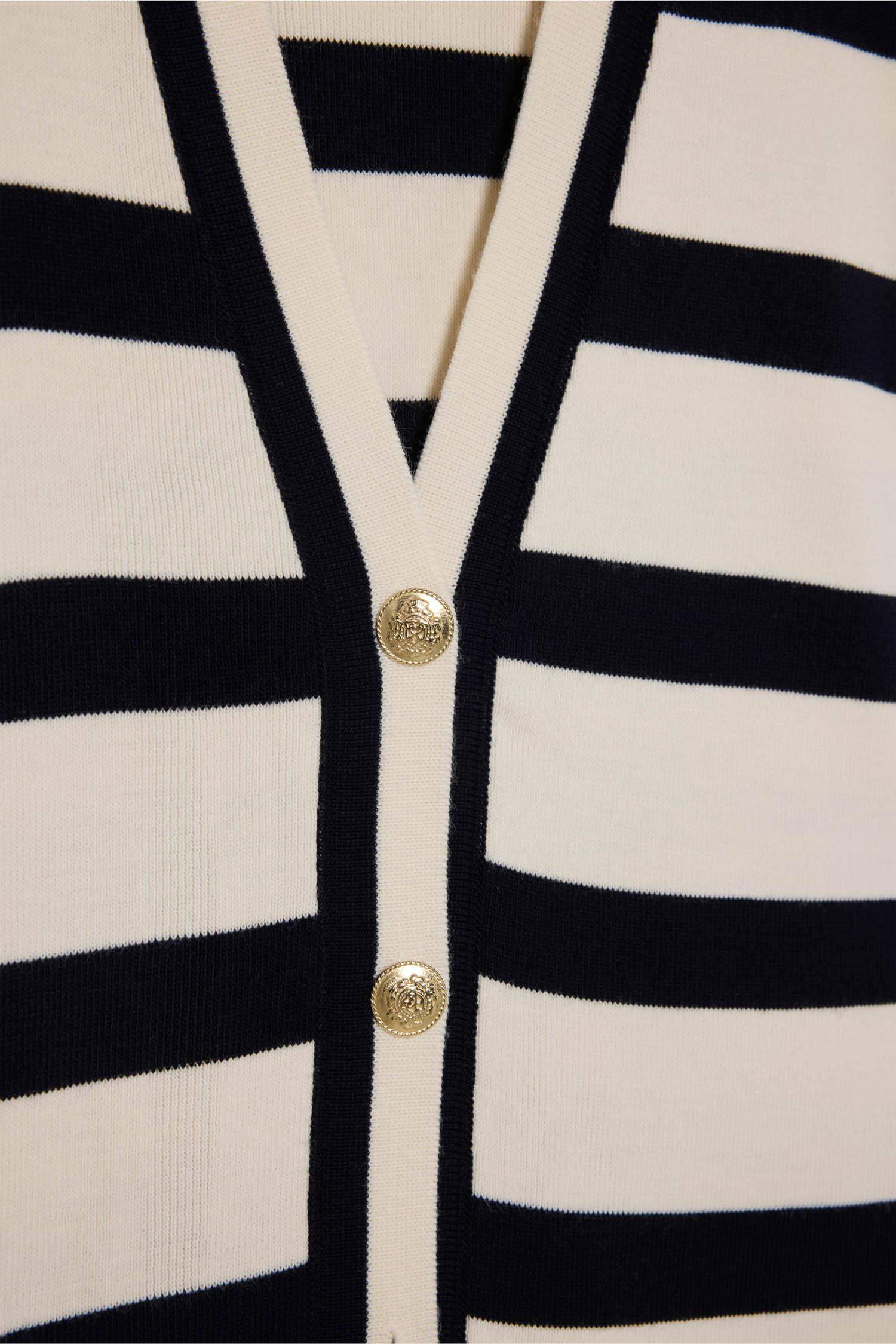 Regular Fit V Yaka Çizgili Düğme Kapmalı Tunik Triko Hırka