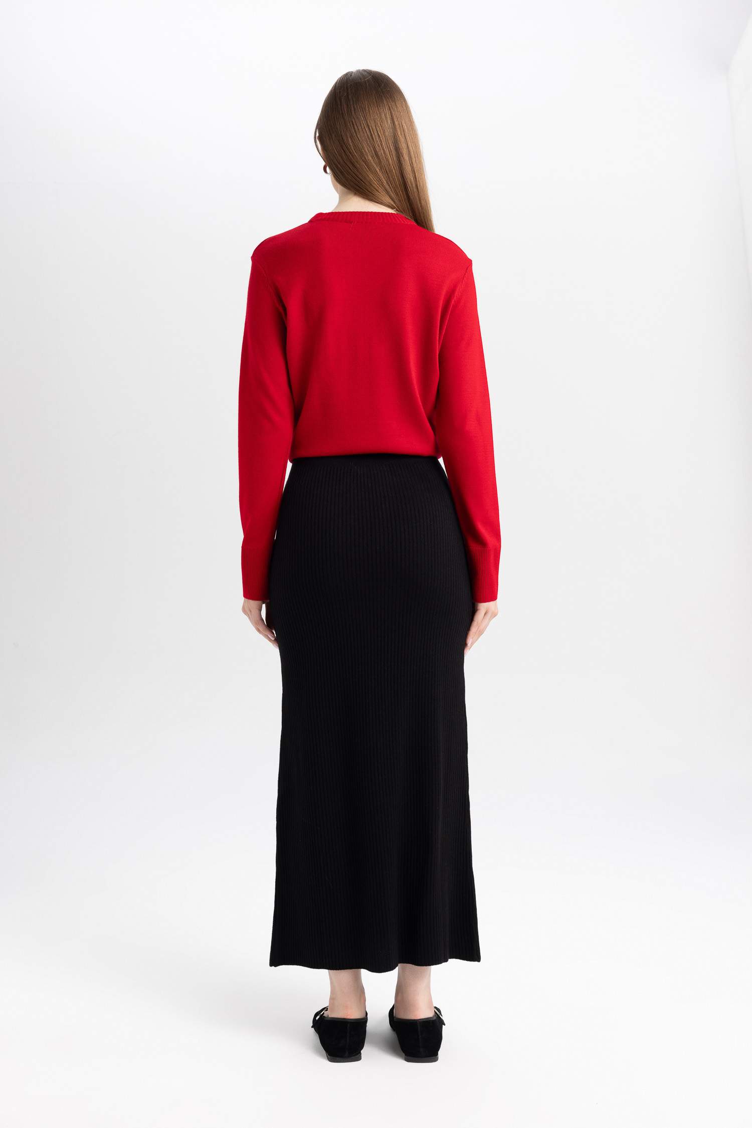 Regular Fit Beli Lastikli Basic Düz Siyah Triko Maxi Etek