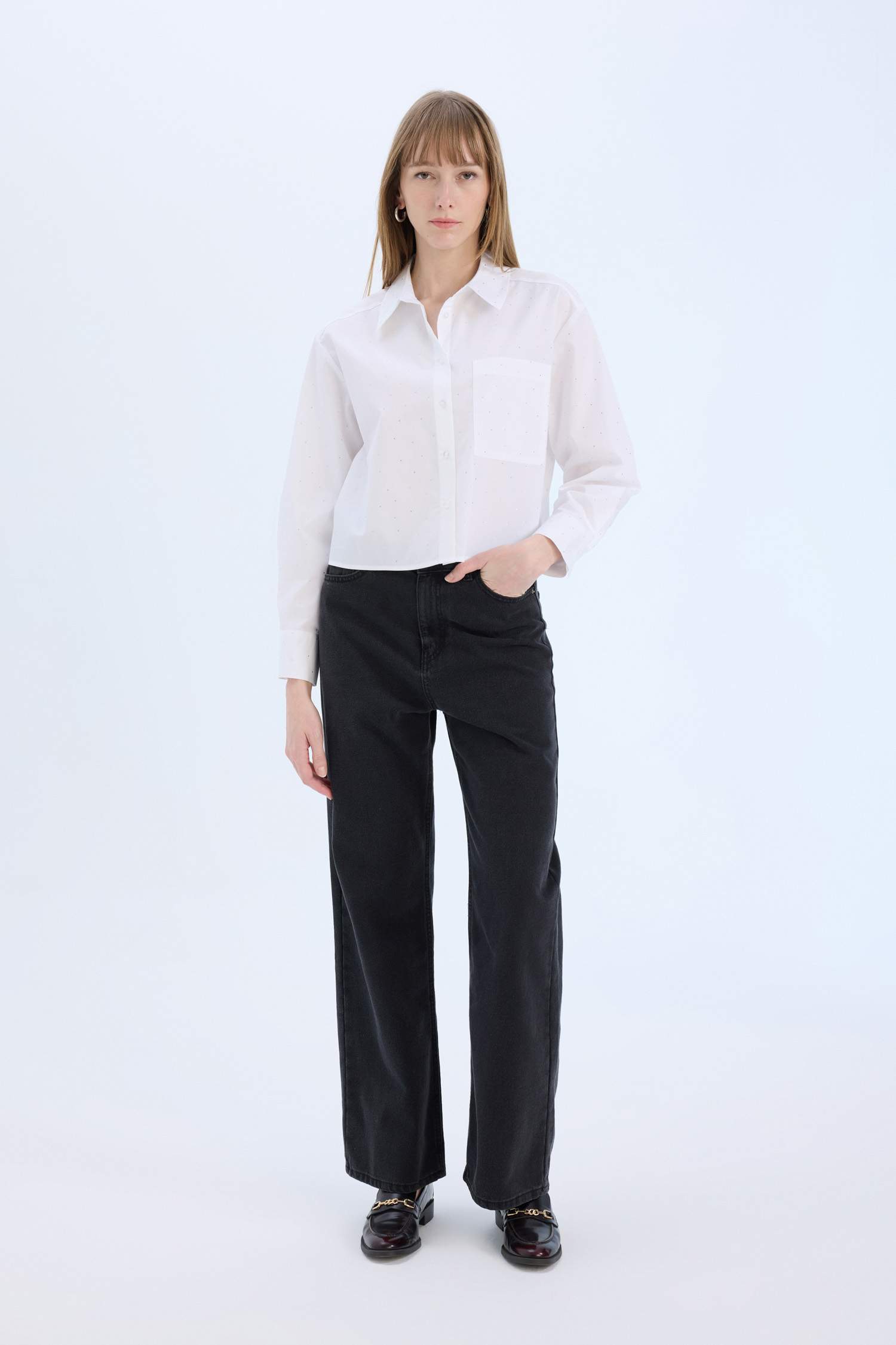 Chemise courte en popeline à manches longues