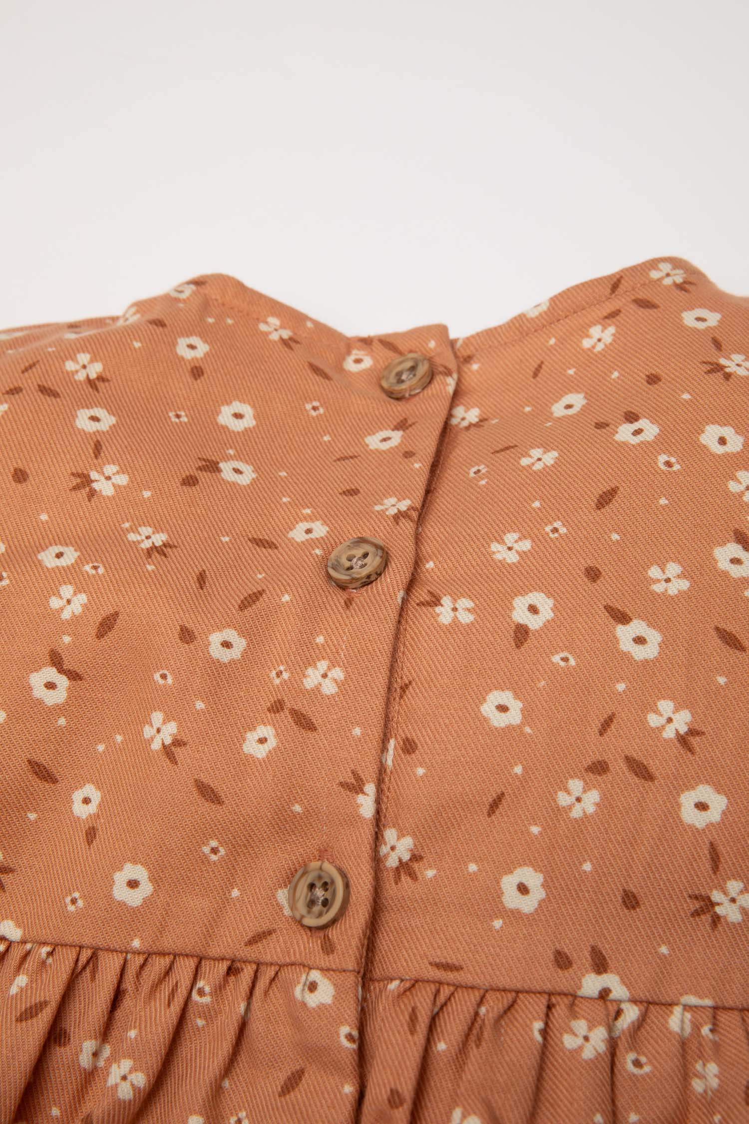 Kız Bebek Çiçekli Uzun Kollu Düğmeli Twill Elbise